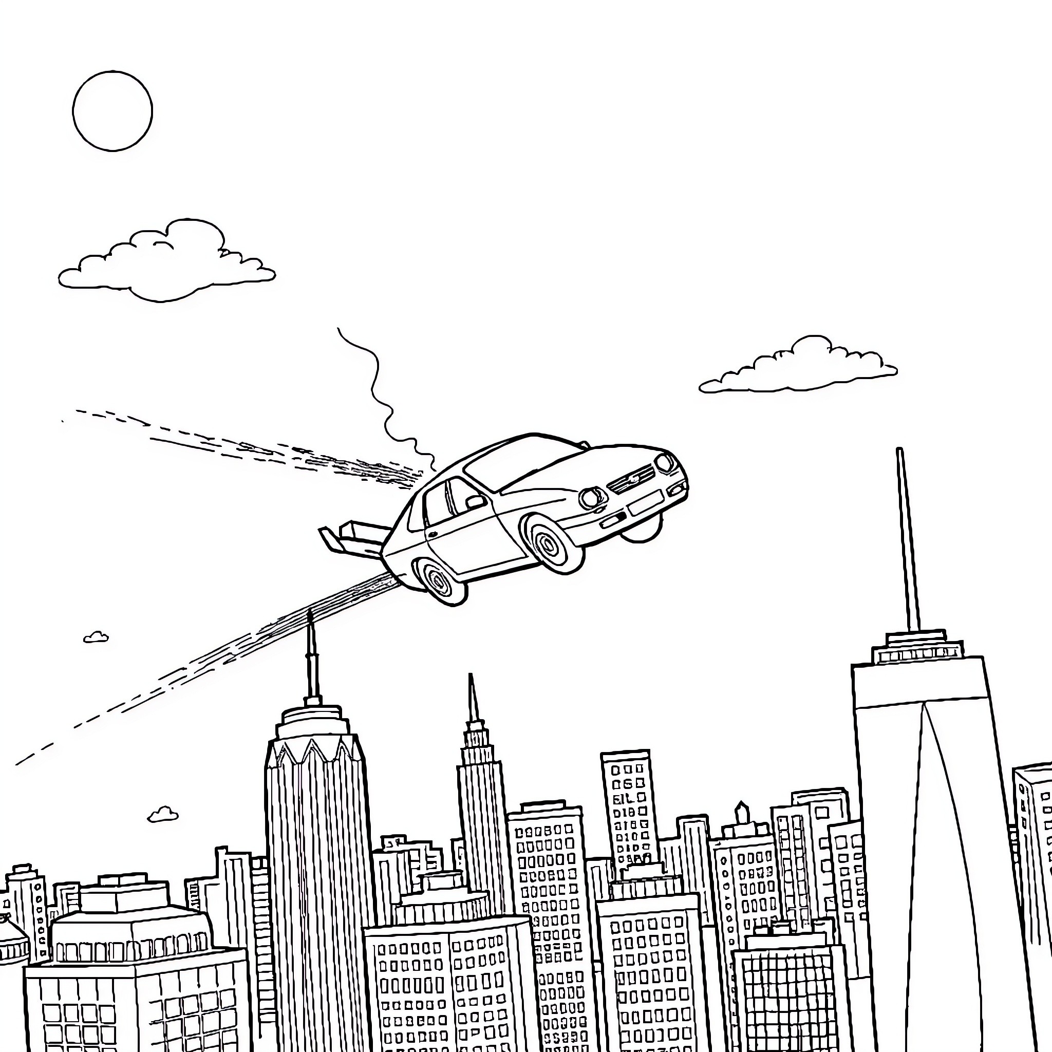 Flying Car Soaring Over Cityscape Coloring Page (free black-and-white line drawing printable PDF for all, from beginners to advanced learners, including children, teens, adults, and seniors)