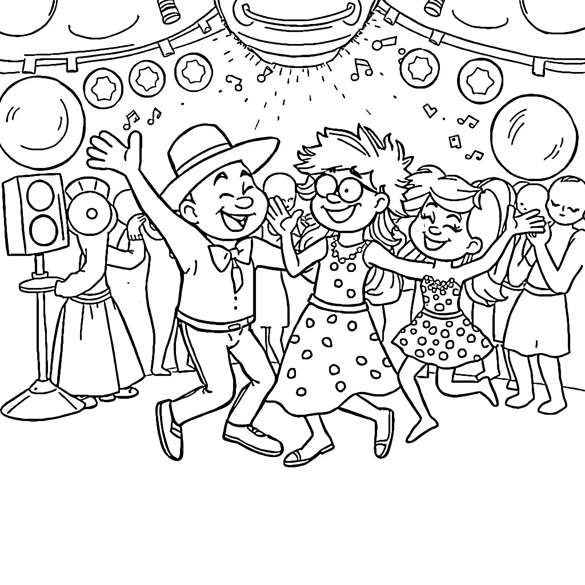 Bluey and friends celebrate at a lively party Coloring Page (free black-and-white line drawing printable PDF for all, from beginners to advanced learners, including children, teens, adults, and seniors)