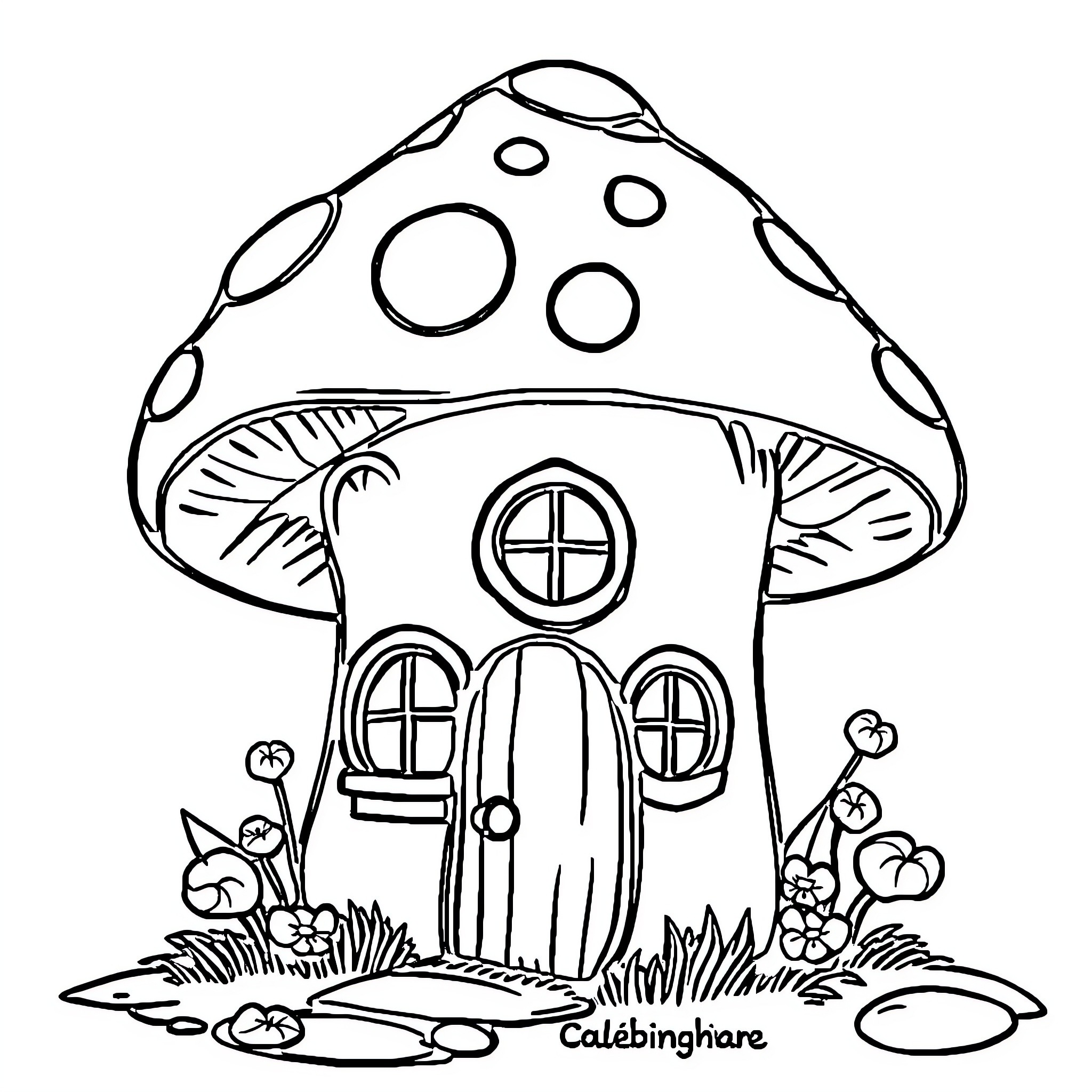 Mushroom House with Whimsical Details Coloring Page (free black-and-white line drawing printable PDF for all, from beginners to advanced learners, including children, teens, adults, and seniors)