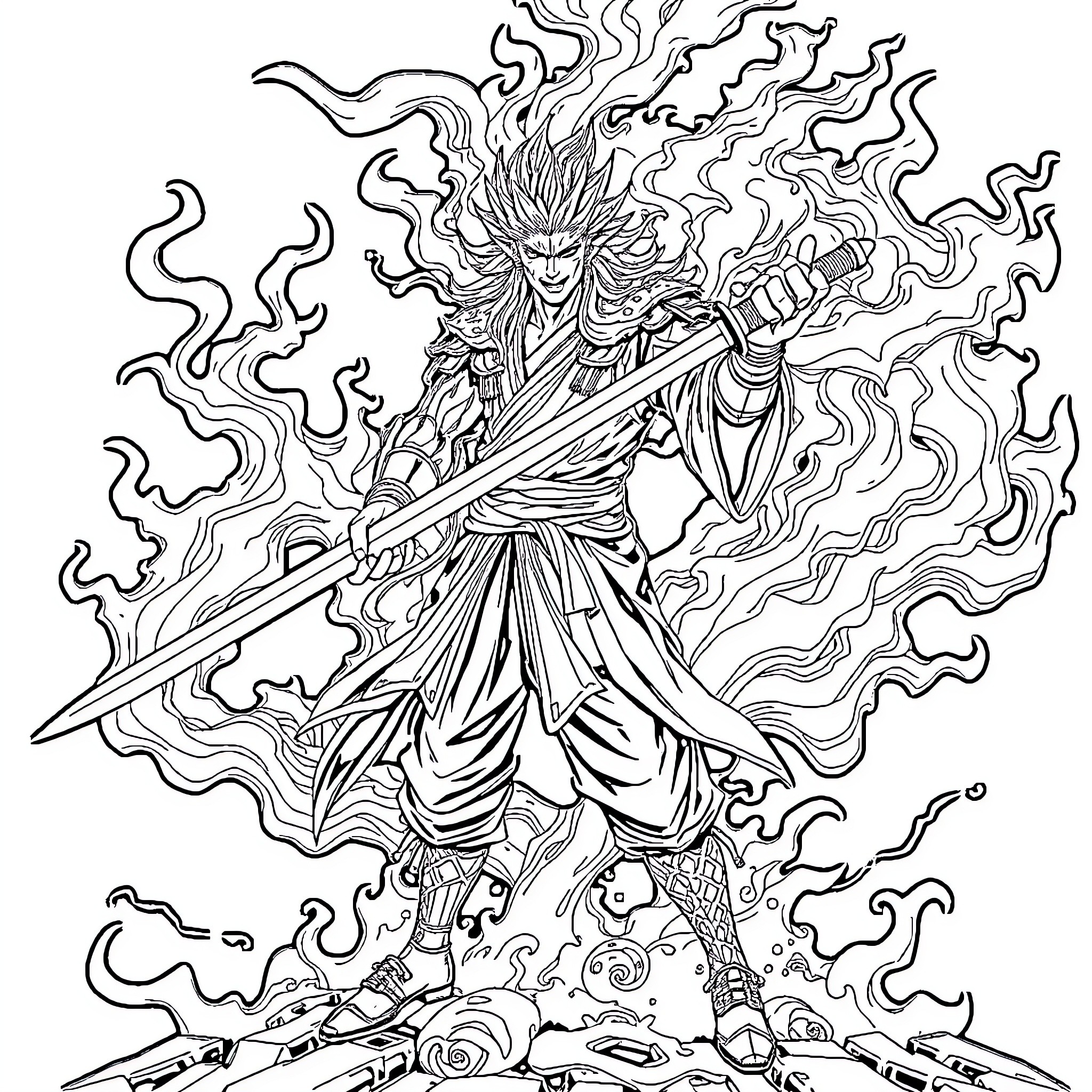 Rengoku's Fiery Warrior Spirit Coloring Page (free black-and-white line drawing printable PDF for all, from beginners to advanced learners, including children, teens, adults, and seniors)