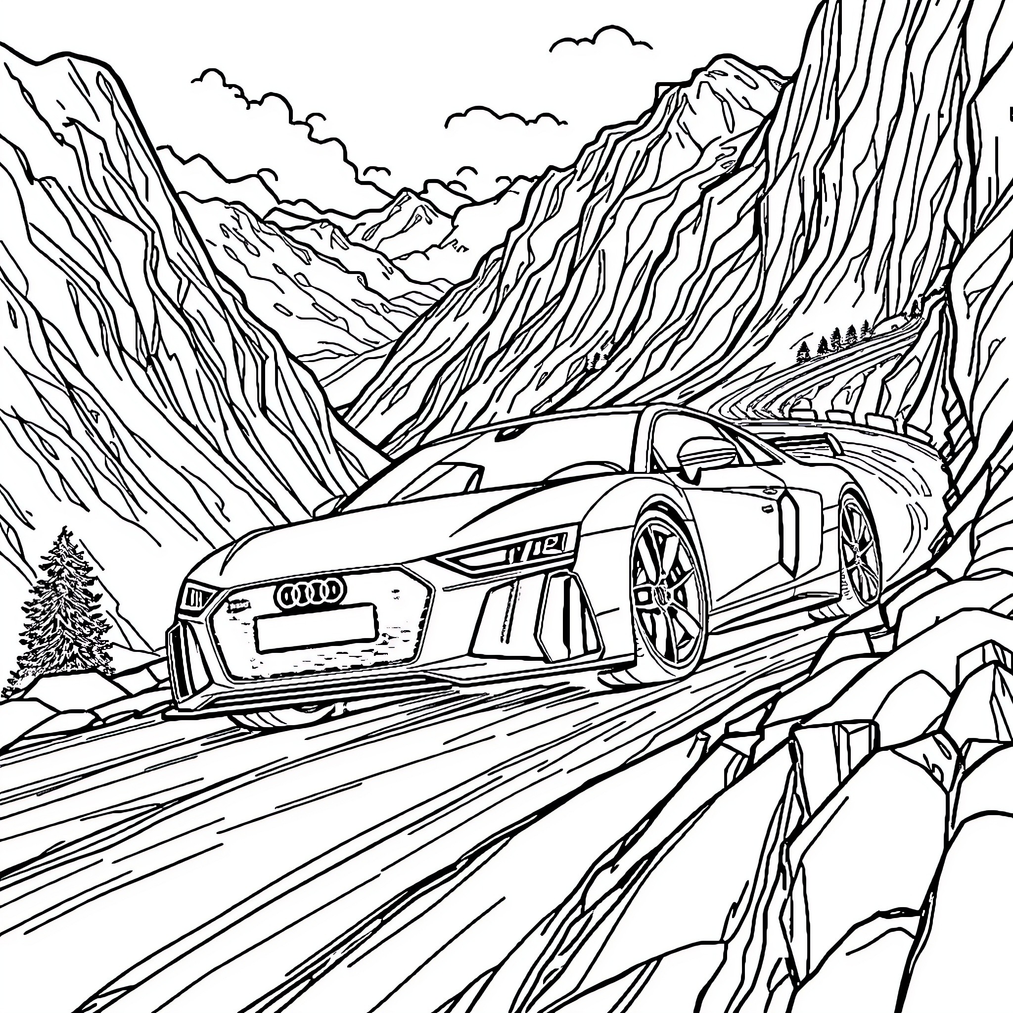 Audi sports car driving through rugged mountain landscape Coloring Page (free black-and-white line drawing printable PDF for all, from beginners to advanced learners, including children, teens, adults, and seniors)