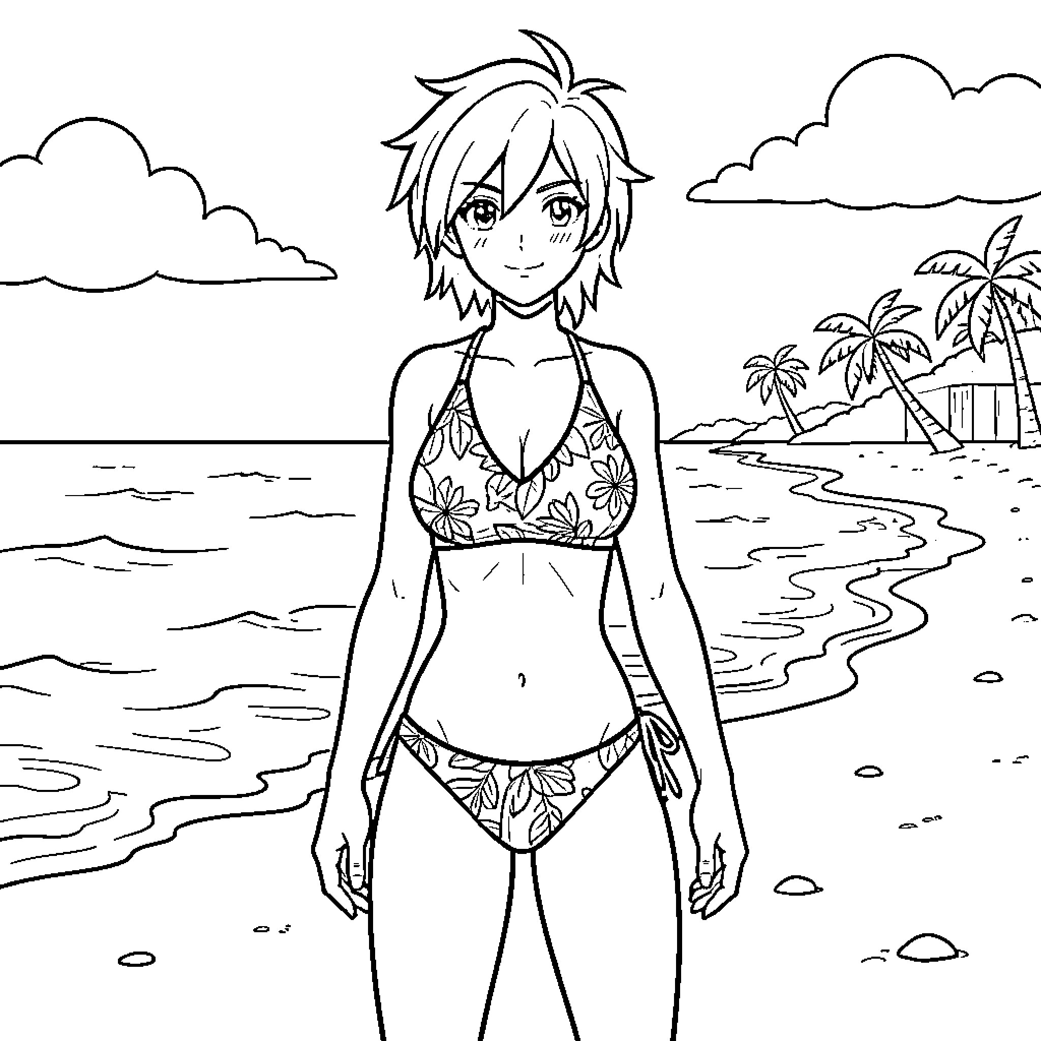 Cammy enjoying a day at the beach Coloring Page (free black-and-white line drawing printable PDF for all, from beginners to advanced learners, including children, teens, adults, and seniors)