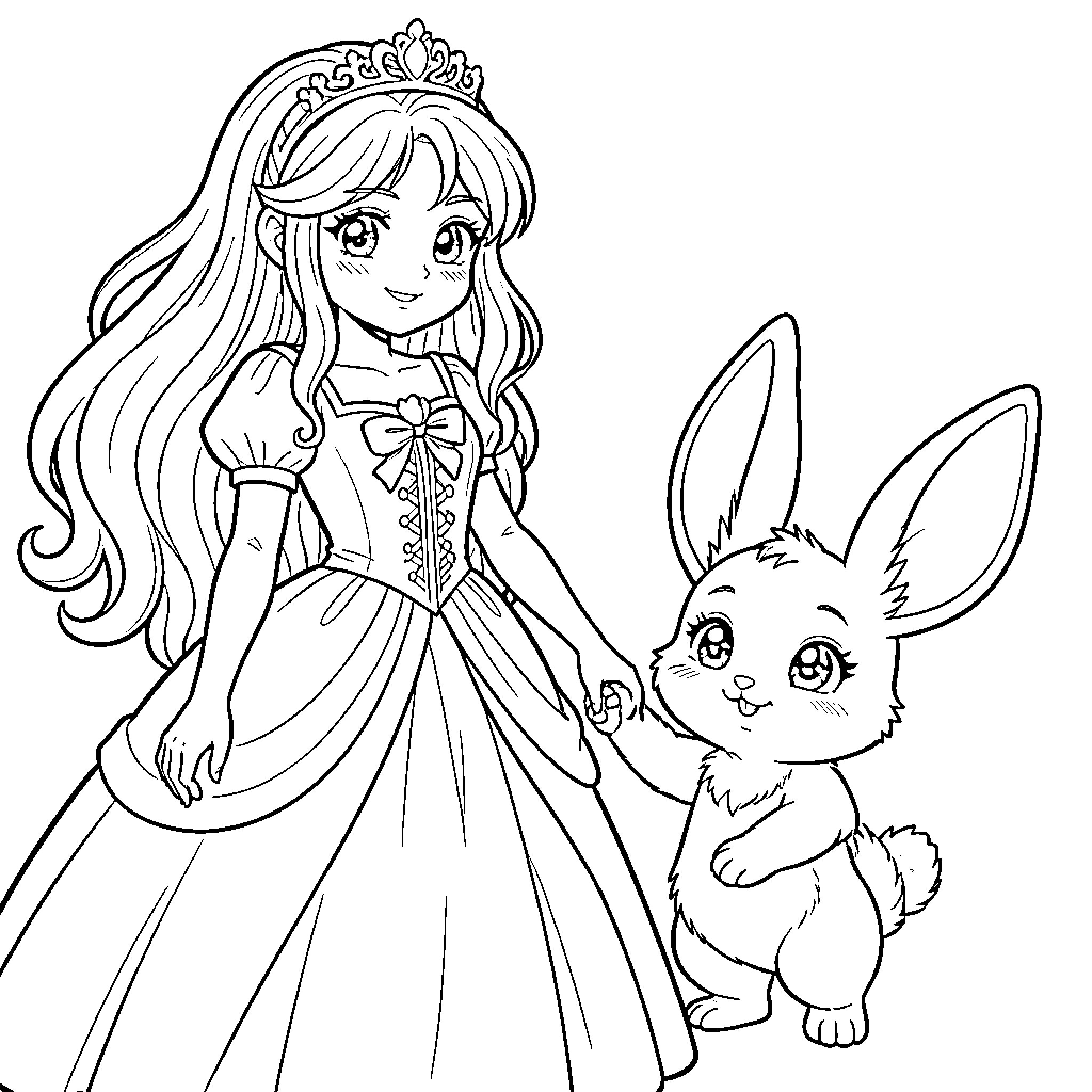 Princess and Cute Bunny in Elegant Attire Coloring Page (free black-and-white line drawing printable PDF for all, from beginners to advanced learners, including children, teens, adults, and seniors)