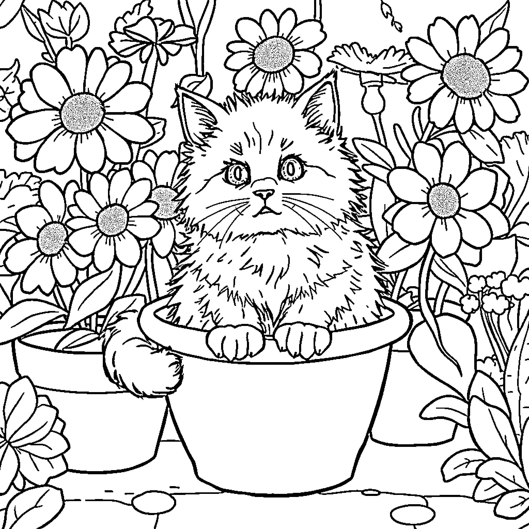 Cat in a flower pot surrounded by blooms Coloring Page (free black-and-white line drawing printable PDF for all, from beginners to advanced learners, including children, teens, adults, and seniors)