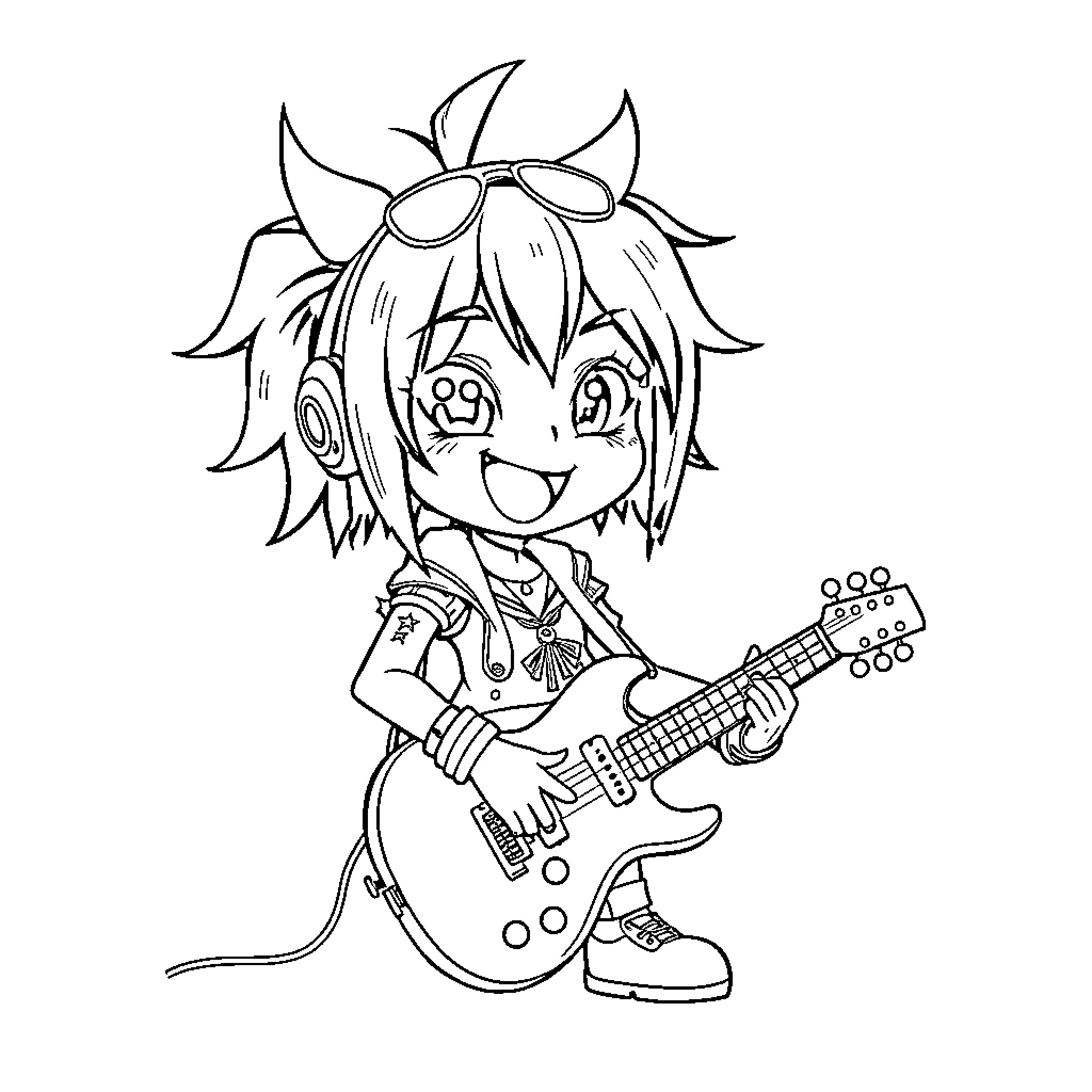 Kuromi playing guitar with cheerful expression Coloring Page (free black-and-white line drawing printable PDF for all, from beginners to advanced learners, including children, teens, adults, and seniors)
