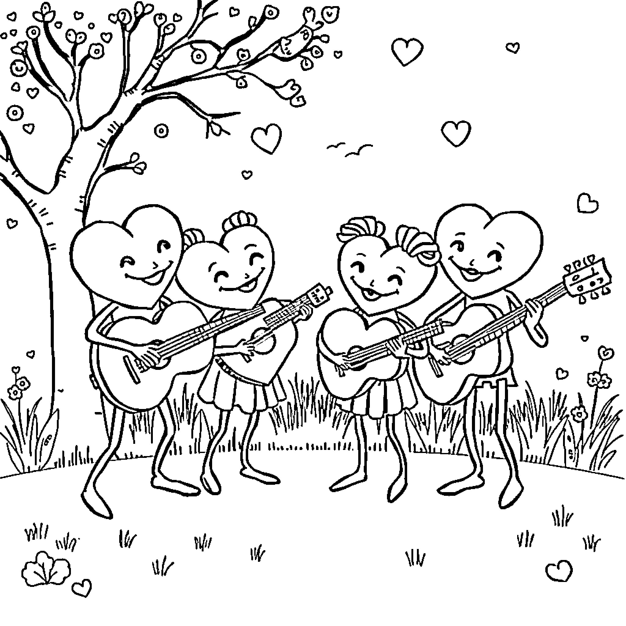 Heart-shaped characters playing guitars in nature Coloring Page (free black-and-white line drawing printable PDF for all, from beginners to advanced learners, including children, teens, adults, and seniors)