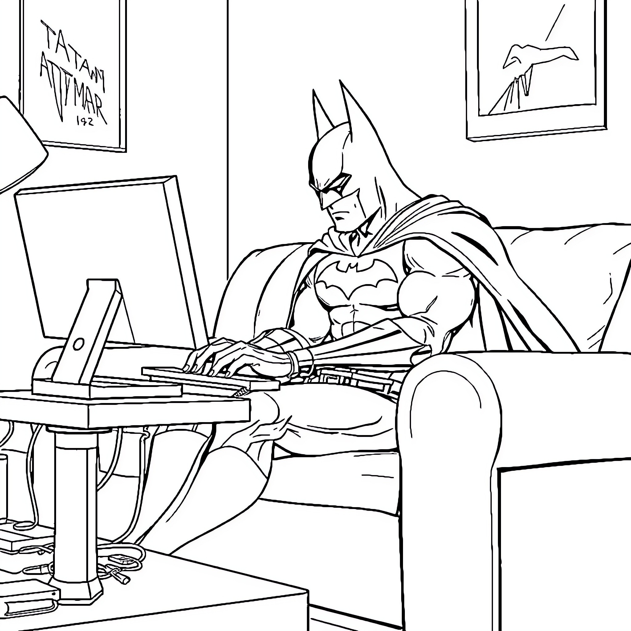 Batman working intently at his computer in a dark office Coloring Page (free black-and-white line drawing printable PDF for all, from beginners to advanced learners, including children, teens, adults, and seniors)