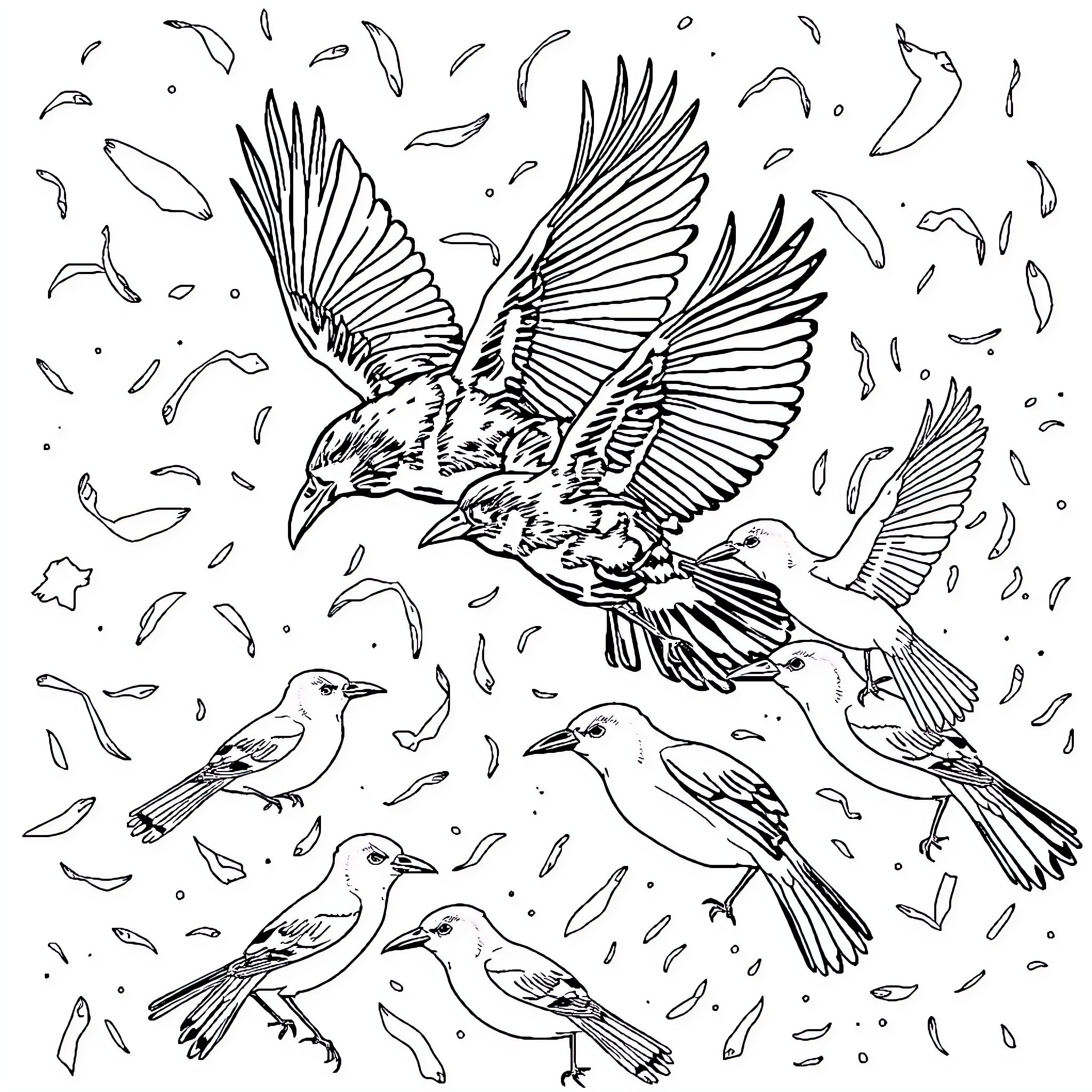 Crows in mid-flight with feather-filled scene Coloring Page (free black-and-white line drawing printable PDF for all, from beginners to advanced learners, including children, teens, adults, and seniors)