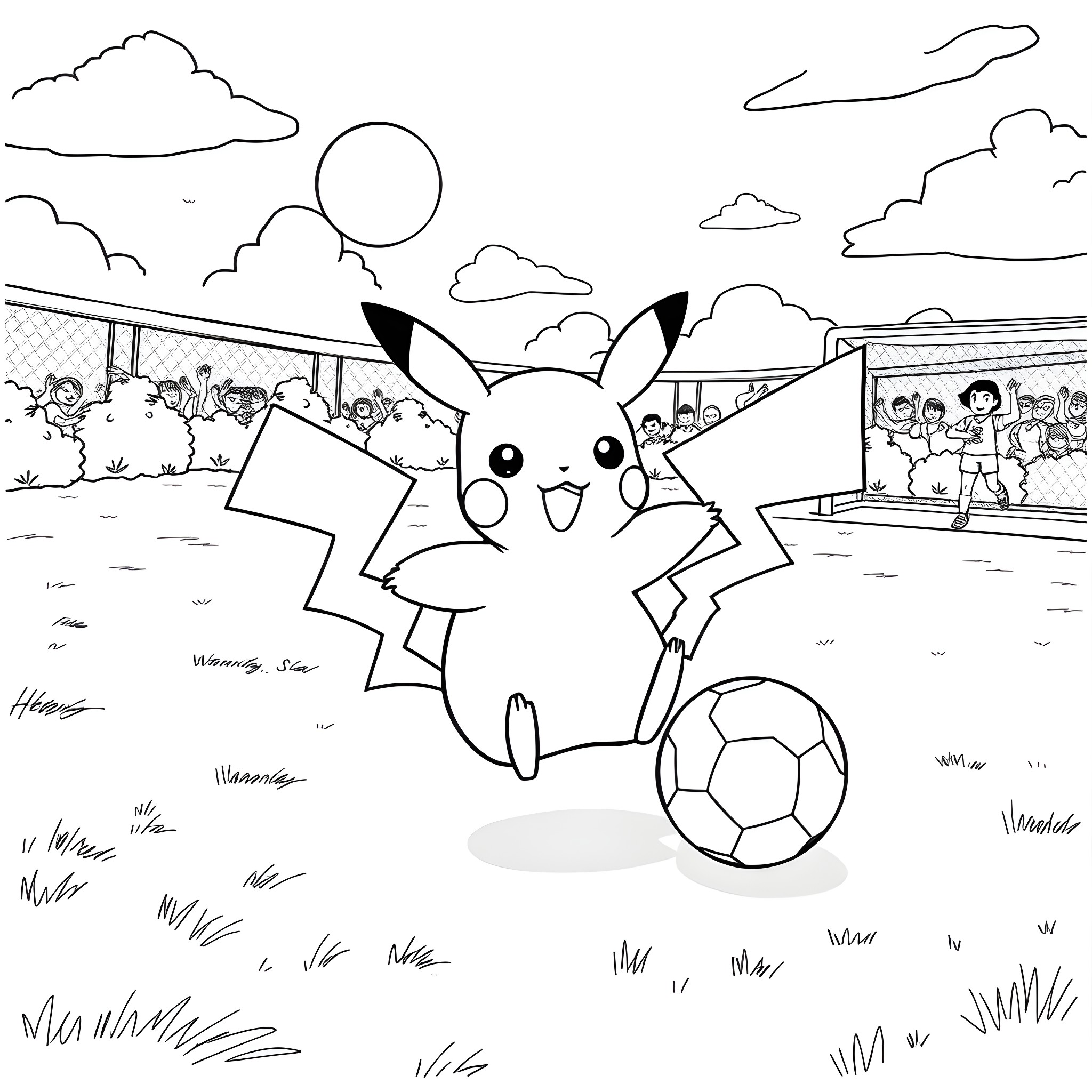 Pikachu playing soccer in a park with a crowd Coloring Page (free black-and-white line drawing printable PDF for all, from beginners to advanced learners, including children, teens, adults, and seniors)