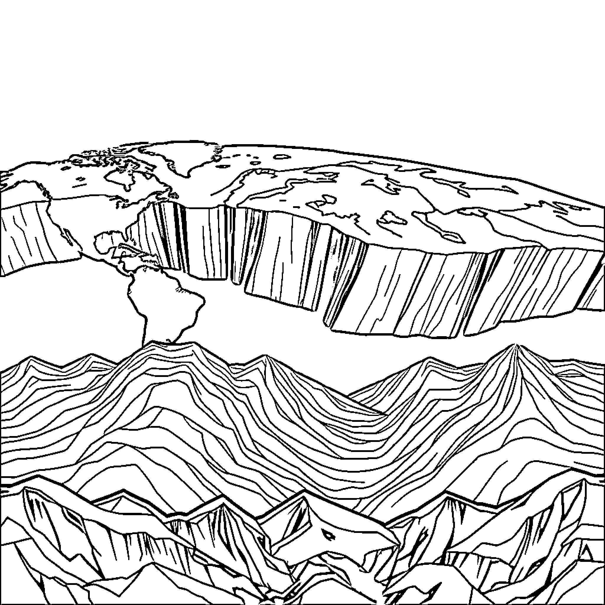 Tectonic Plate Movements Across Geological Landscape Coloring Page (free black-and-white line drawing printable PDF for all, from beginners to advanced learners, including children, teens, adults, and seniors)