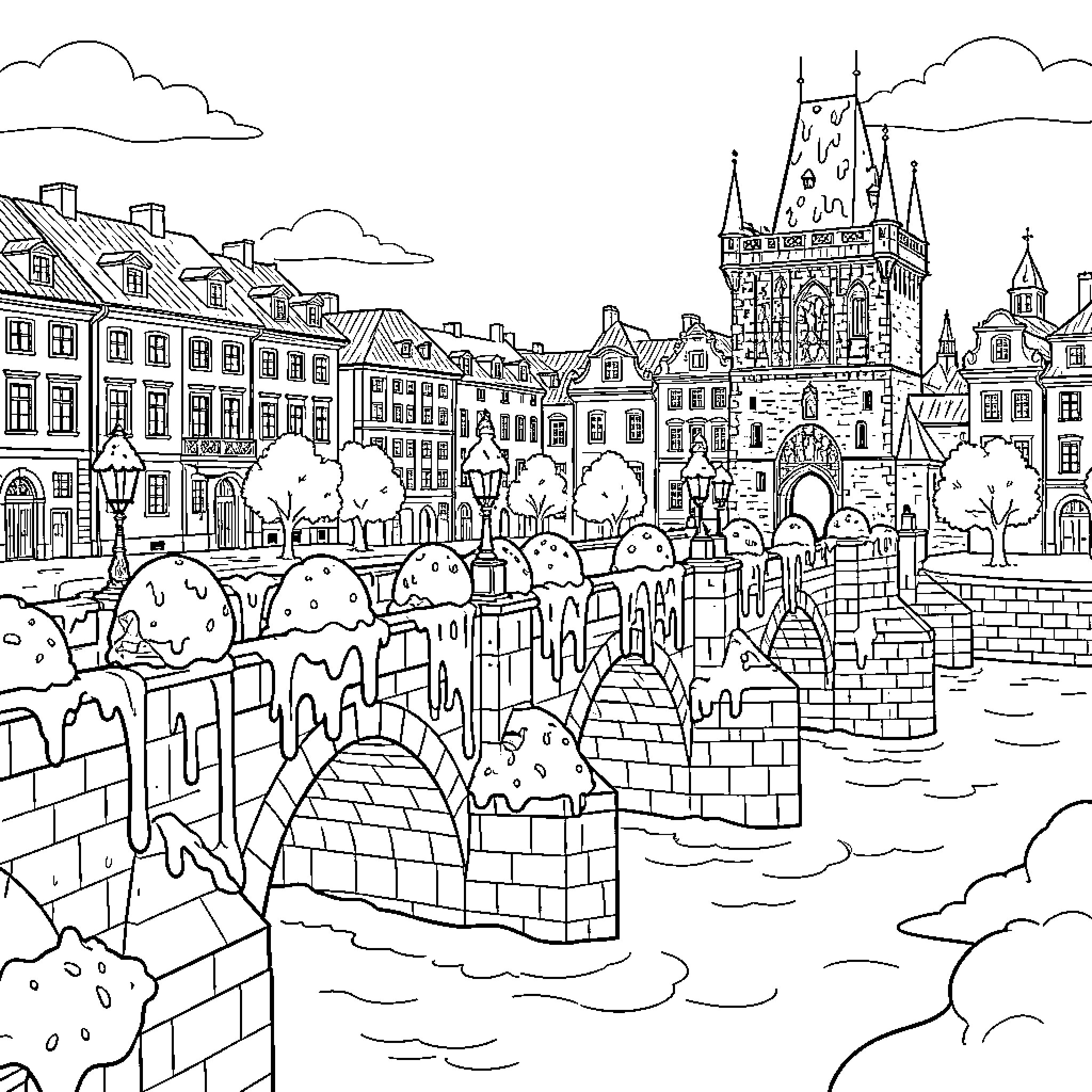 Bridge spanning over a river in a historic city Coloring Page (free black-and-white line drawing printable PDF for all, from beginners to advanced learners, including children, teens, adults, and seniors)