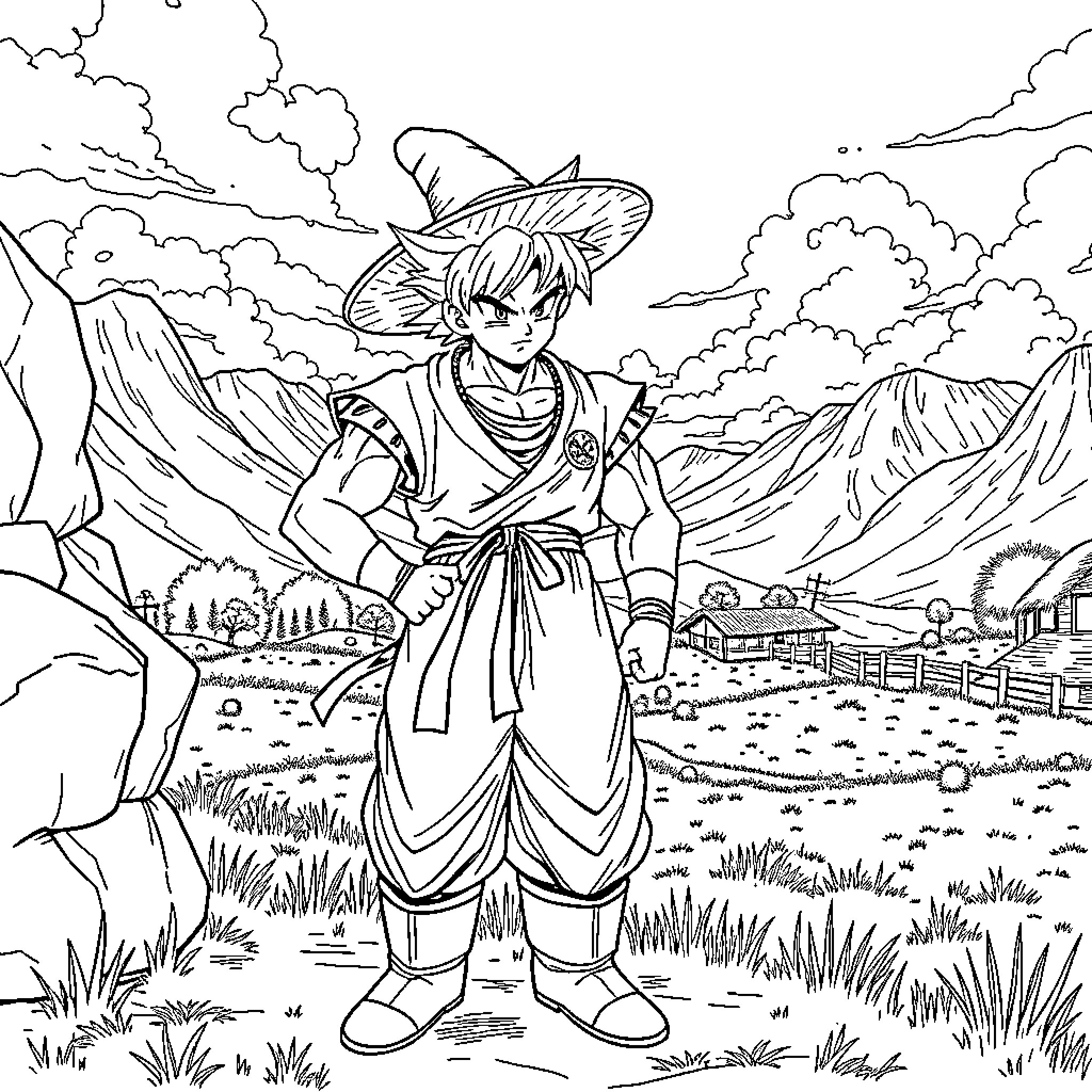 Goku standing heroically in a scenic landscape Coloring Page (free black-and-white line drawing printable PDF for all, from beginners to advanced learners, including children, teens, adults, and seniors)