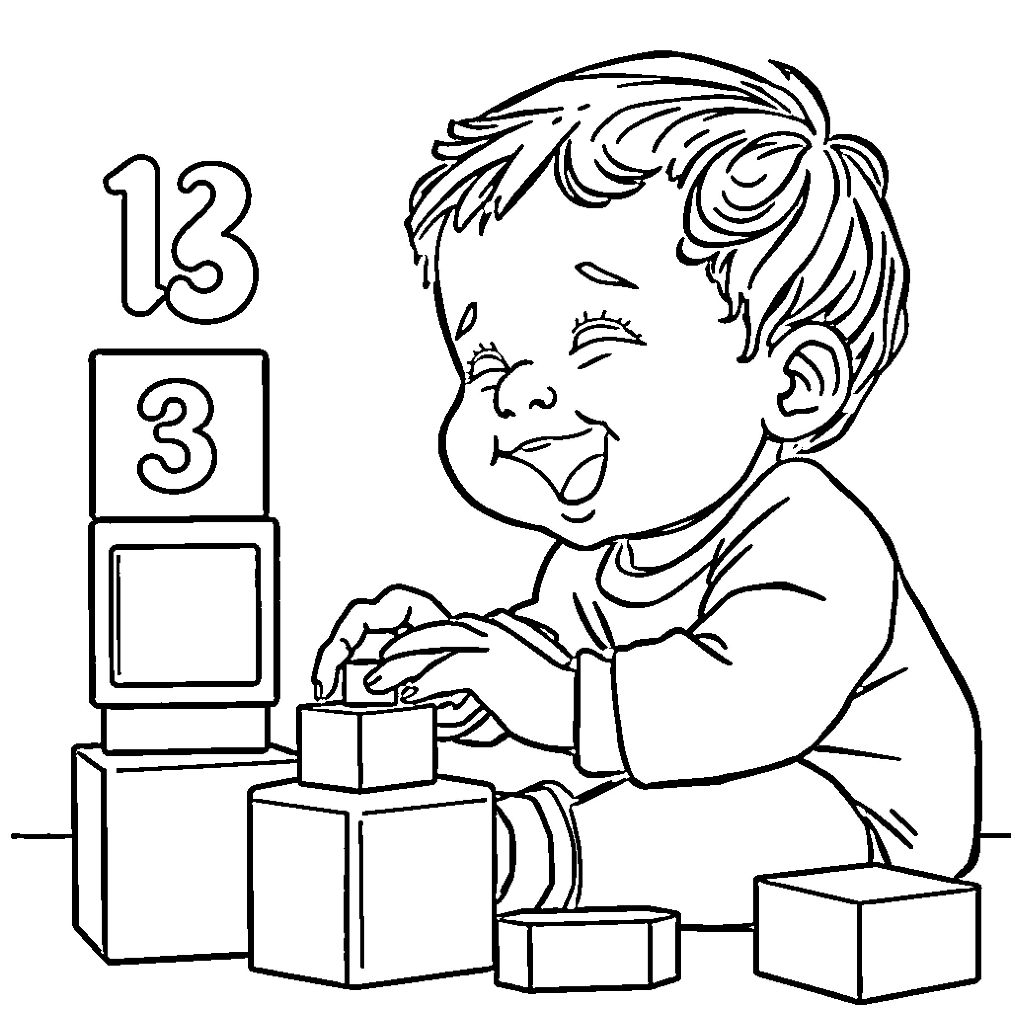 Toddler playing with blocks and learning numbers Coloring Page (free black-and-white line drawing printable PDF for all, from beginners to advanced learners, including children, teens, adults, and seniors)