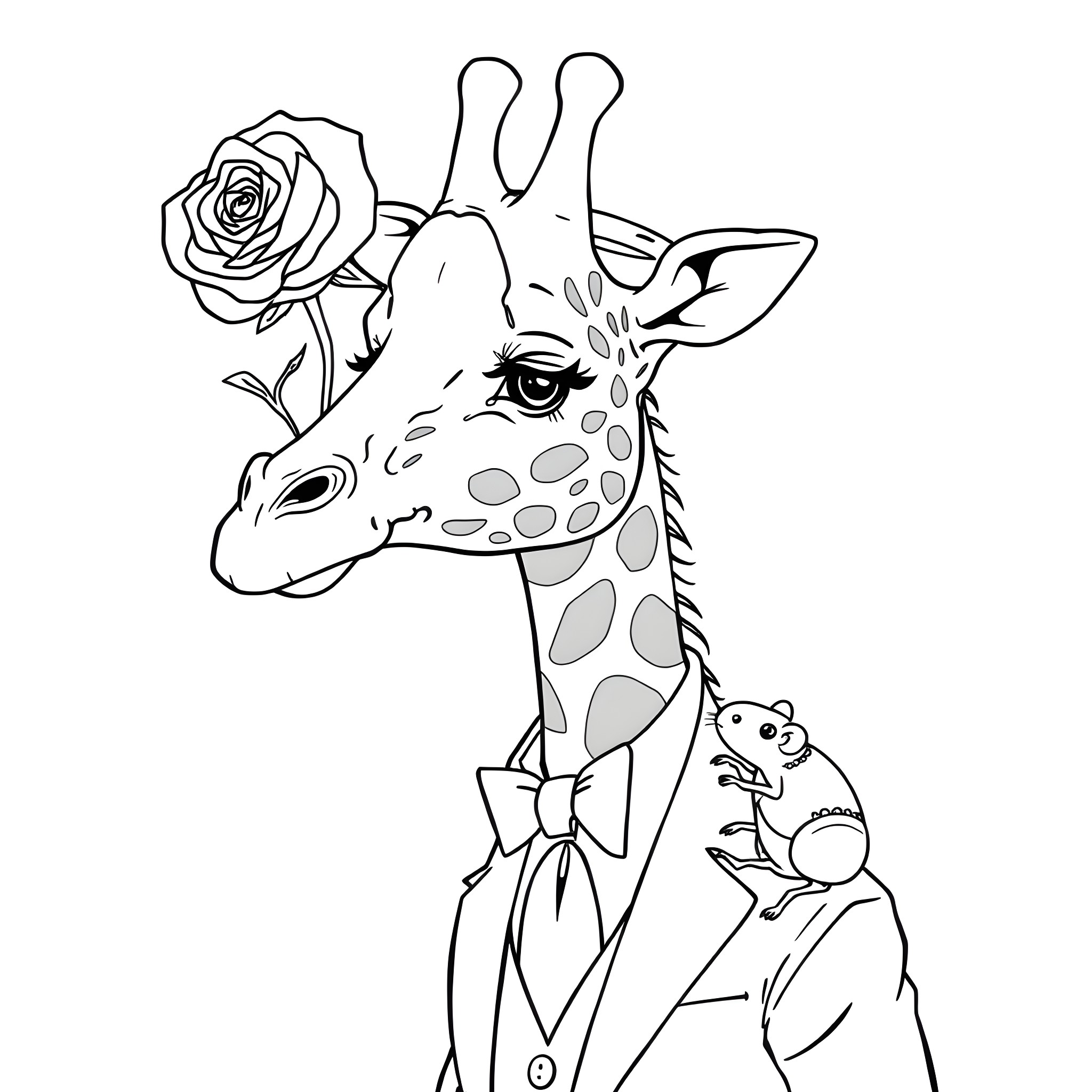 Giraffe with rose and mouse companion Coloring Page (free black-and-white line drawing printable PDF for all, from beginners to advanced learners, including children, teens, adults, and seniors)