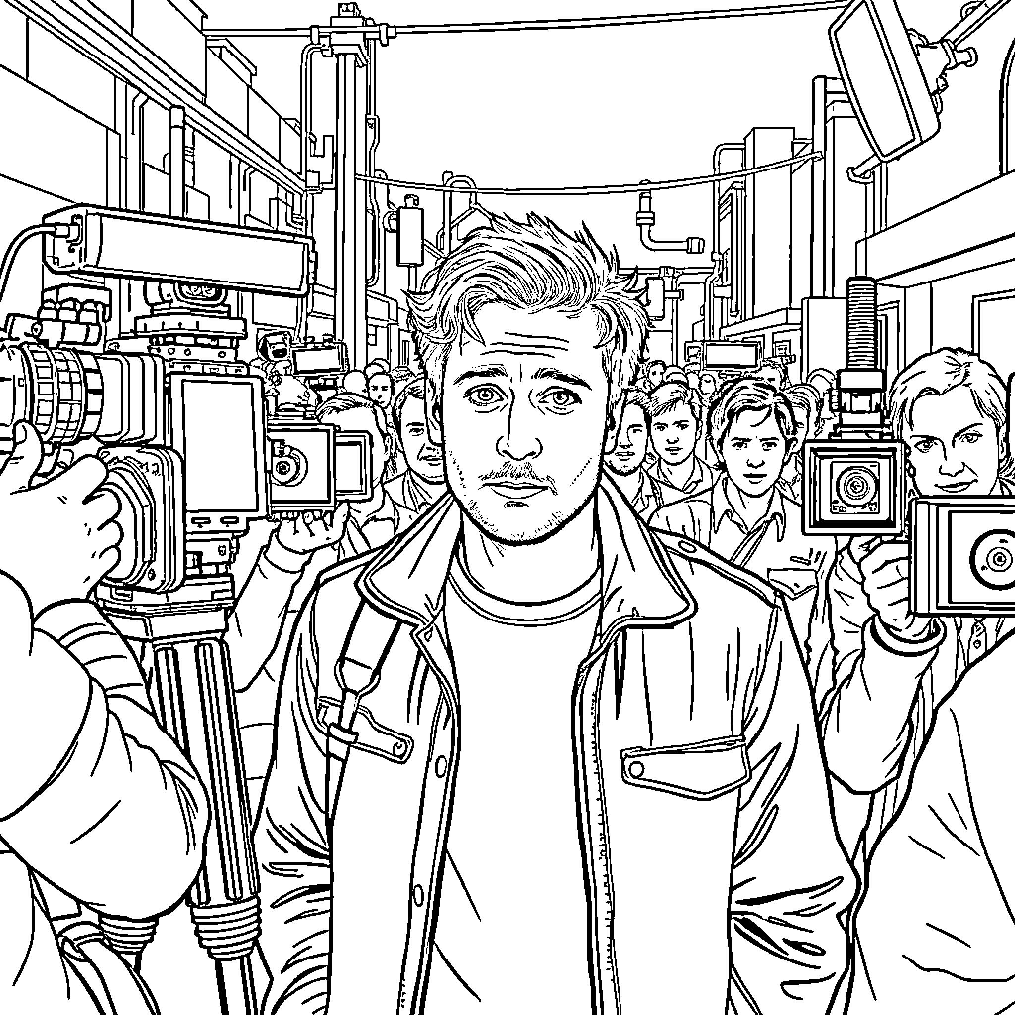 Jeremy Allen White in a bustling city street Coloring Page (free black-and-white line drawing printable PDF for all, from beginners to advanced learners, including children, teens, adults, and seniors)