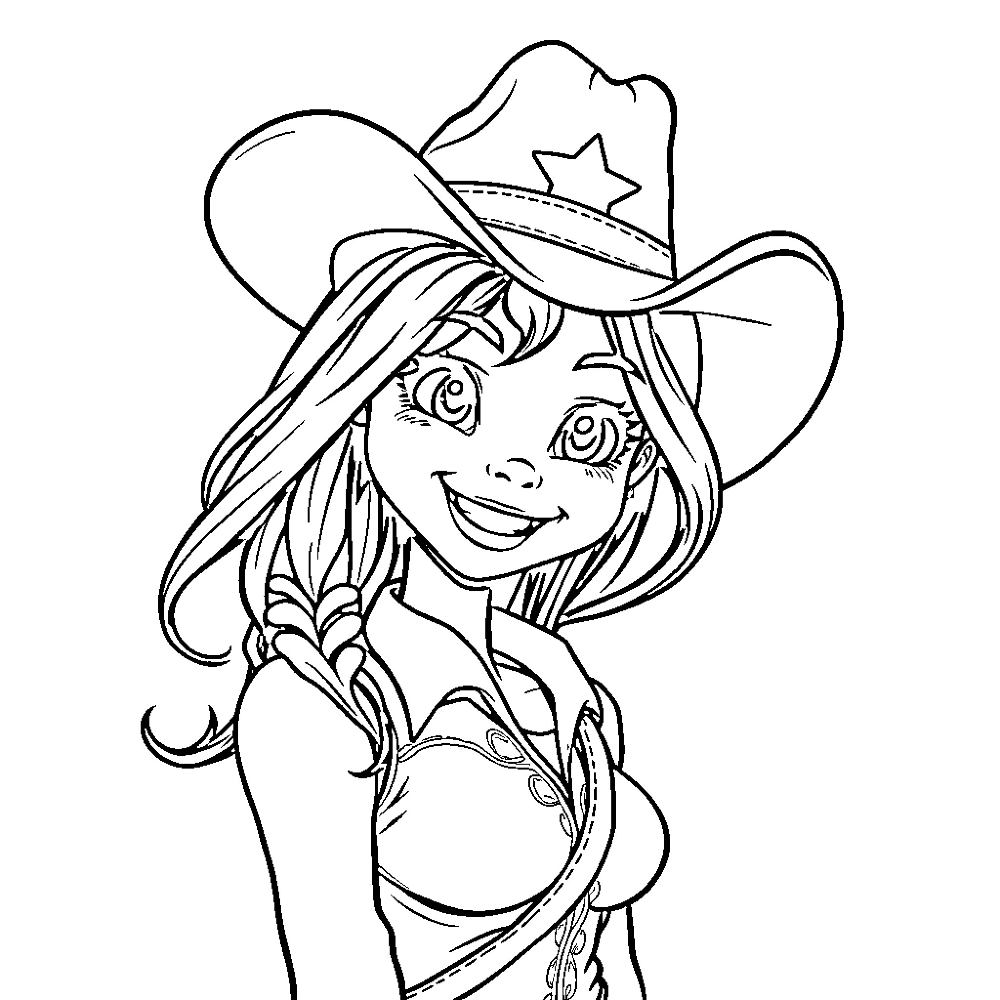 Cowgirl with a Playful Smile Coloring Page (free black-and-white line drawing printable PDF for all, from beginners to advanced learners, including children, teens, adults, and seniors)