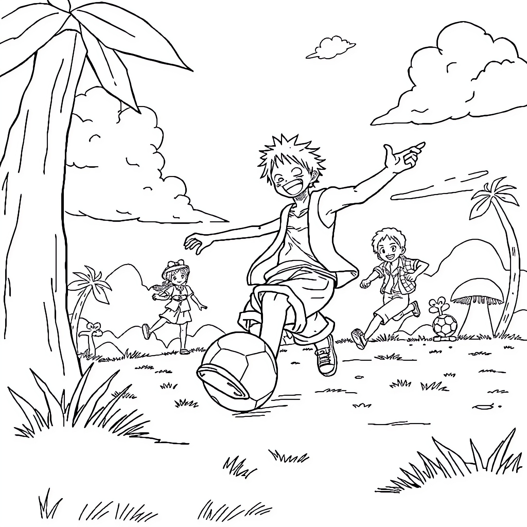 Luffy's Playful Adventure in the Tropical Paradise Coloring Page (free black-and-white line drawing printable PDF for all, from beginners to advanced learners, including children, teens, adults, and seniors)