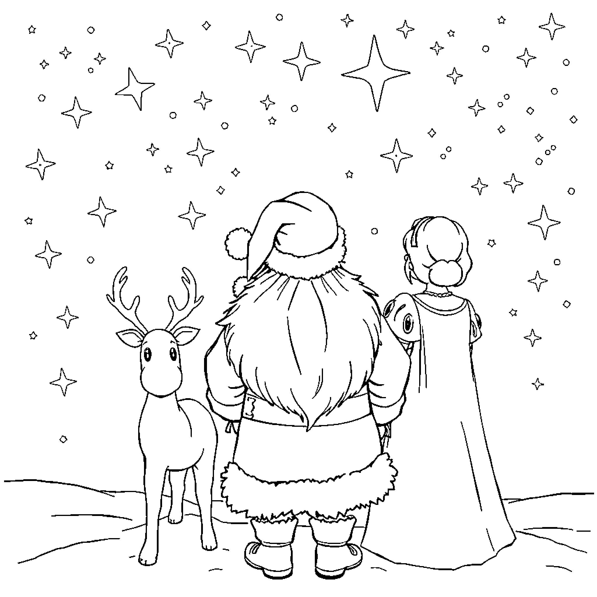 Santa with Reindeer and Child in Winter Wonderland Coloring Page (free black-and-white line drawing printable PDF for all, from beginners to advanced learners, including children, teens, adults, and seniors)