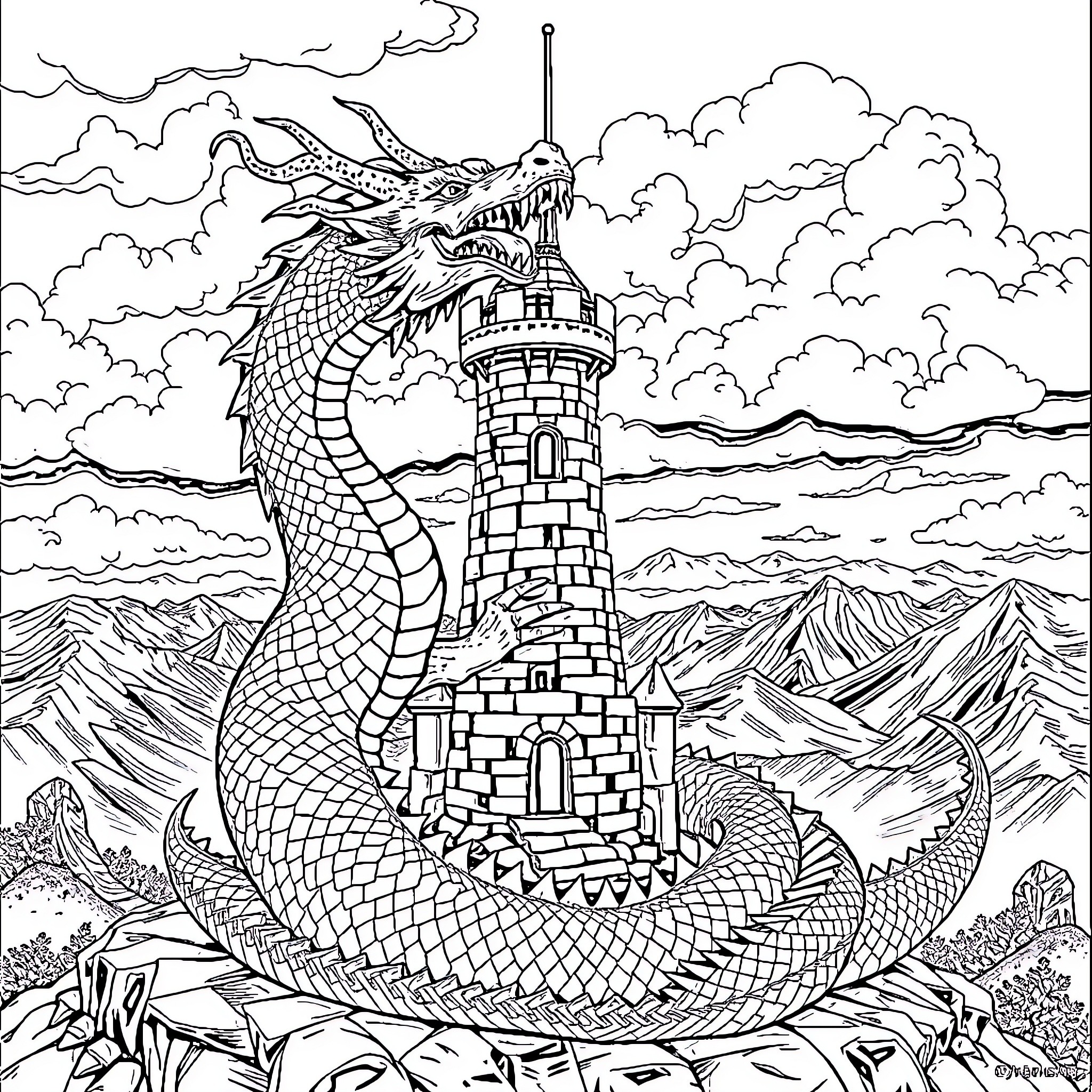 Dragon guarding a fantasy castle on a rocky landscape Coloring Page (free black-and-white line drawing printable PDF for all, from beginners to advanced learners, including children, teens, adults, and seniors)