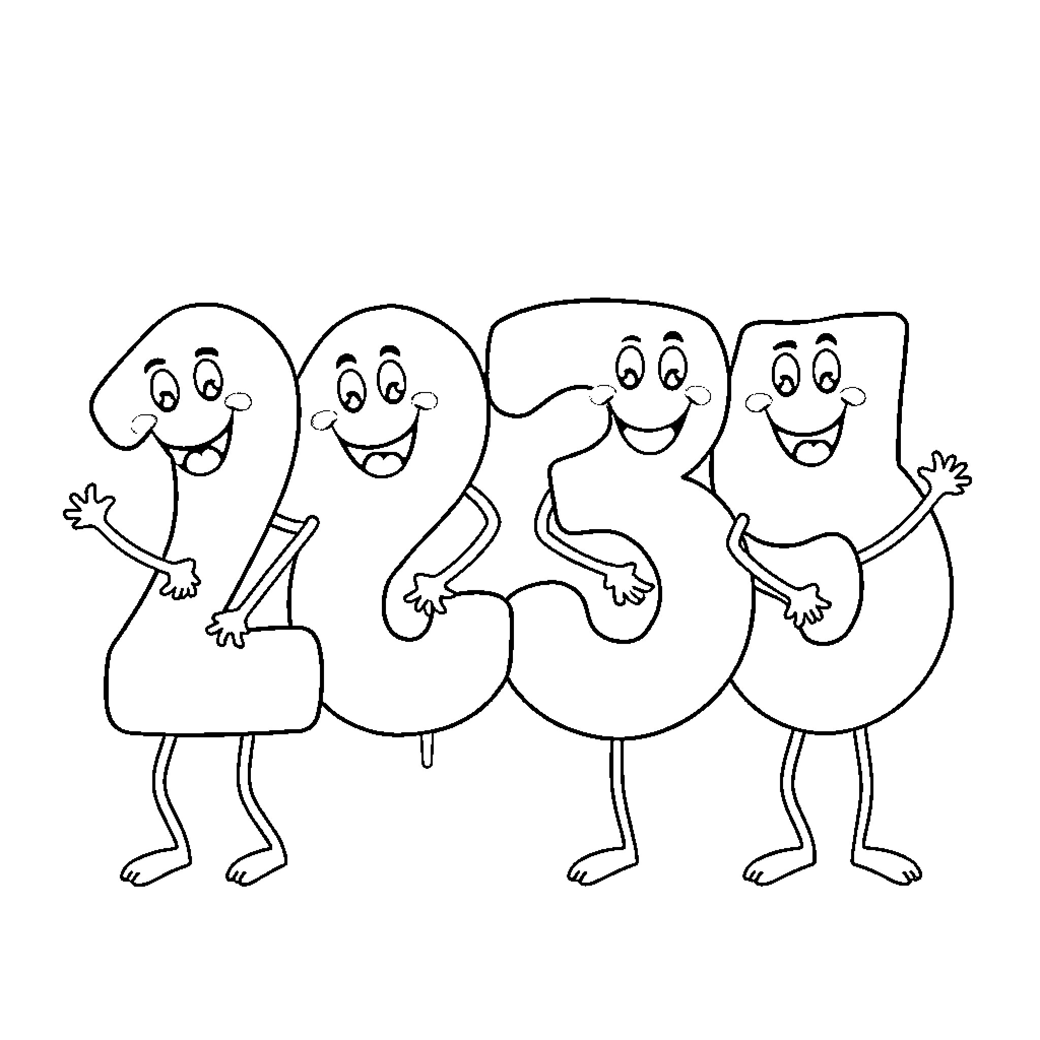 Number Dancing Cartoon Digits with Smiling Expressions Coloring Page (free black-and-white line drawing printable PDF for all, from beginners to advanced learners, including children, teens, adults, and seniors)