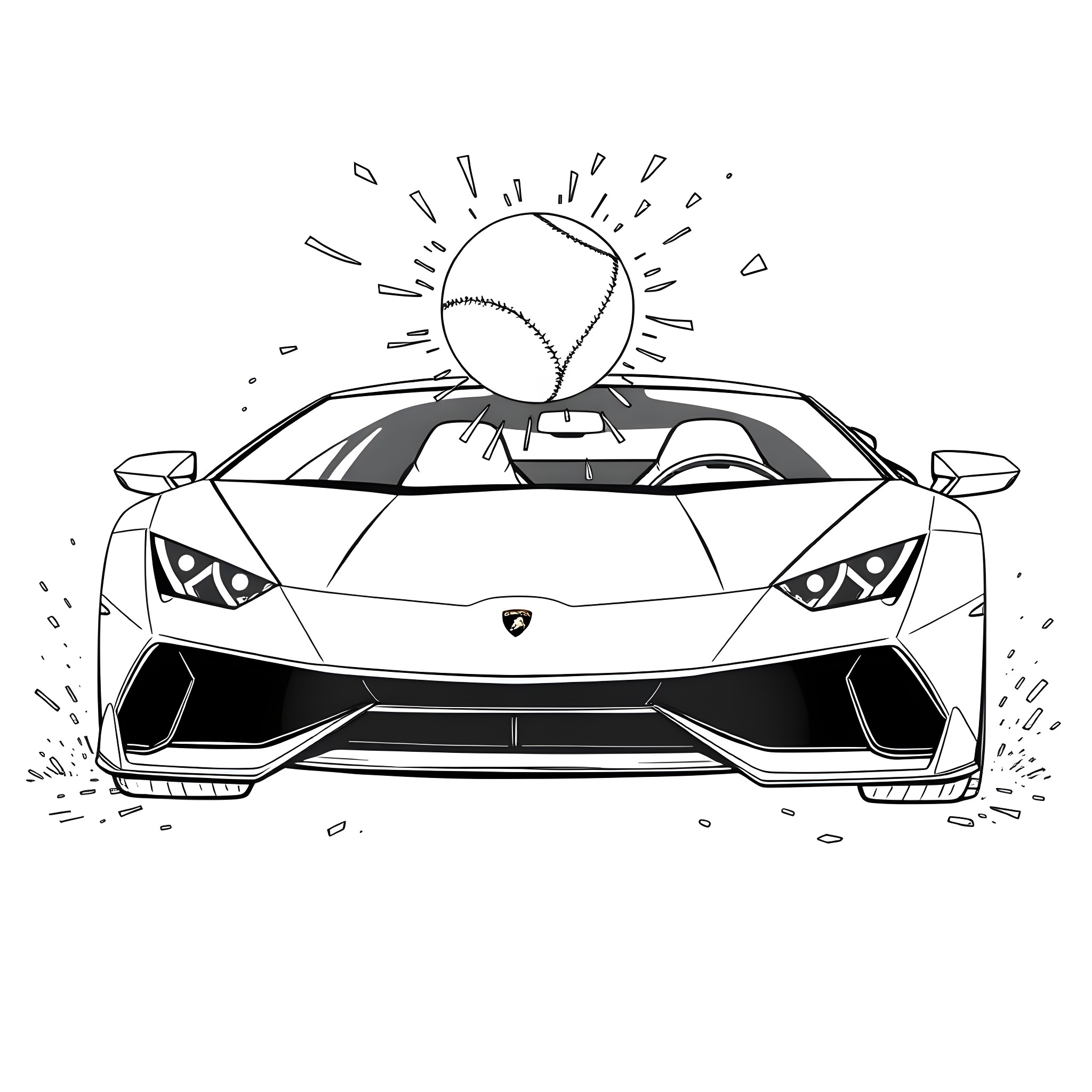 Softball game with fast-paced sports car Coloring Page (free black-and-white line drawing printable PDF for all, from beginners to advanced learners, including children, teens, adults, and seniors)