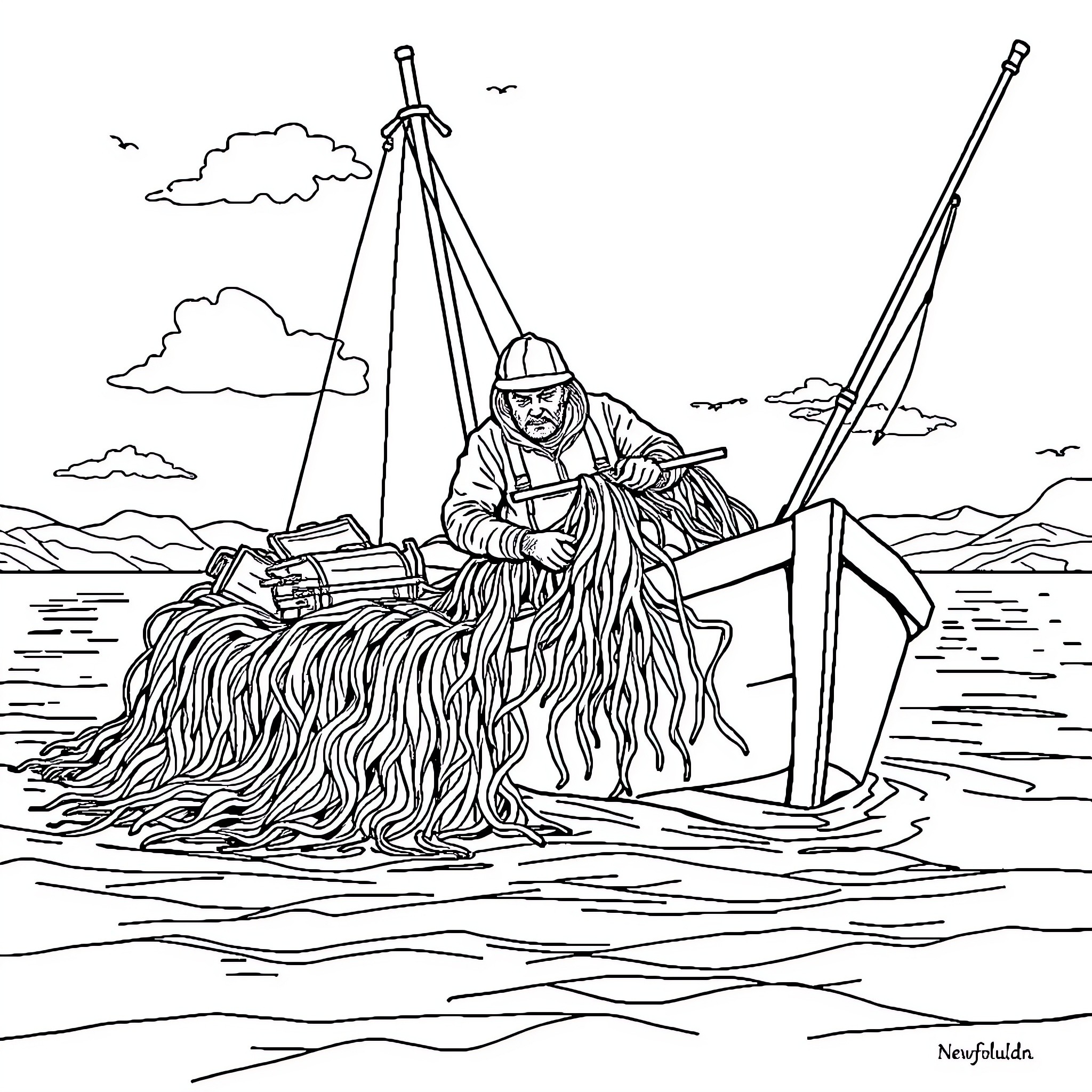 Fisherman repairing net on his boat at sea Coloring Page (free black-and-white line drawing printable PDF for all, from beginners to advanced learners, including children, teens, adults, and seniors)
