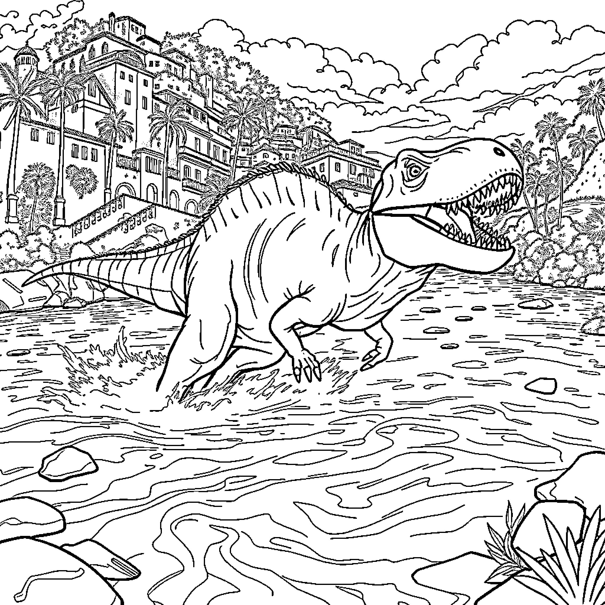 T-Rex chasing prey through ancient city ruins Coloring Page (free black-and-white line drawing printable PDF for all, from beginners to advanced learners, including children, teens, adults, and seniors)