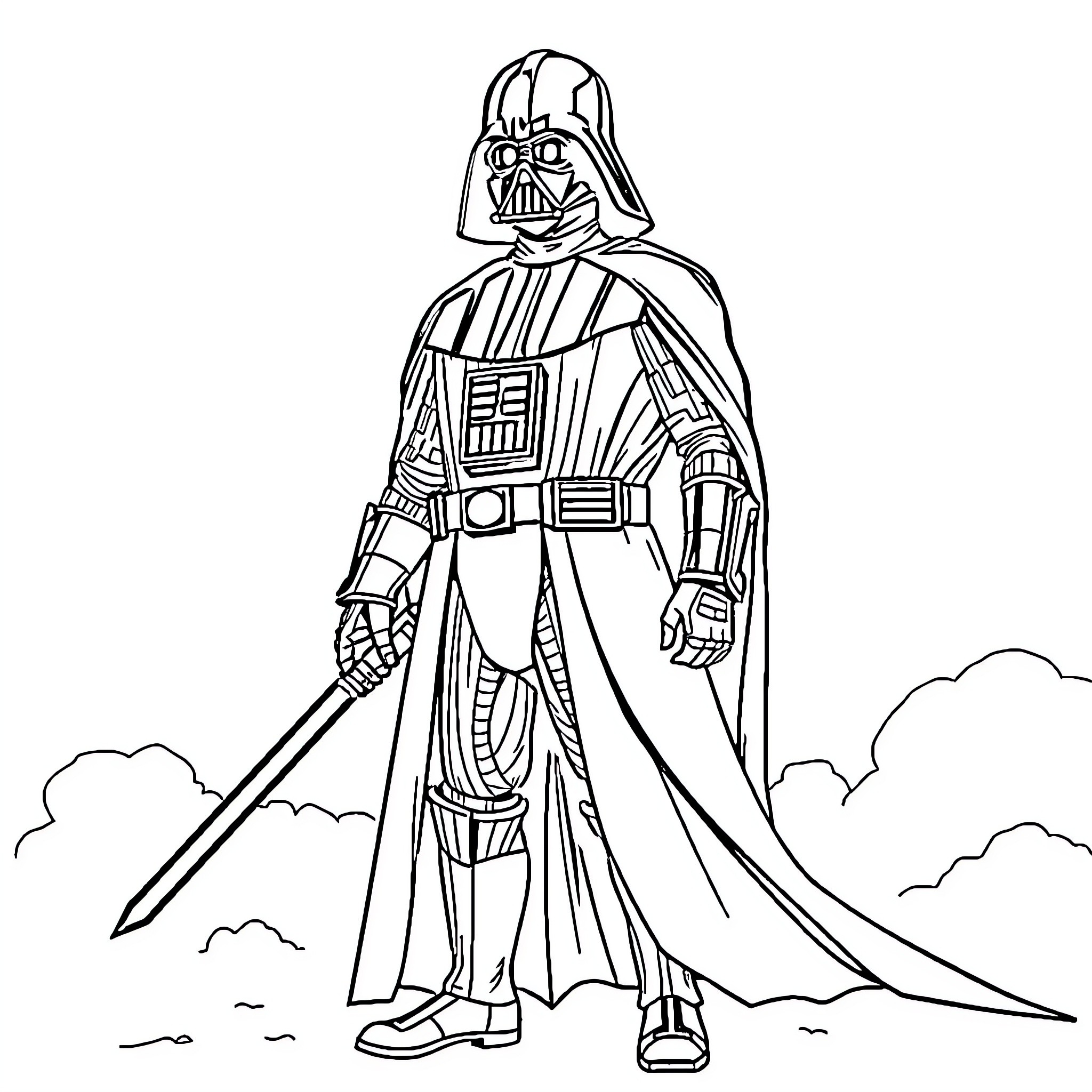 Darth Vader, the Iconic Sith Lord, Stands Tall Coloring Page (free black-and-white line drawing printable PDF for all, from beginners to advanced learners, including children, teens, adults, and seniors)