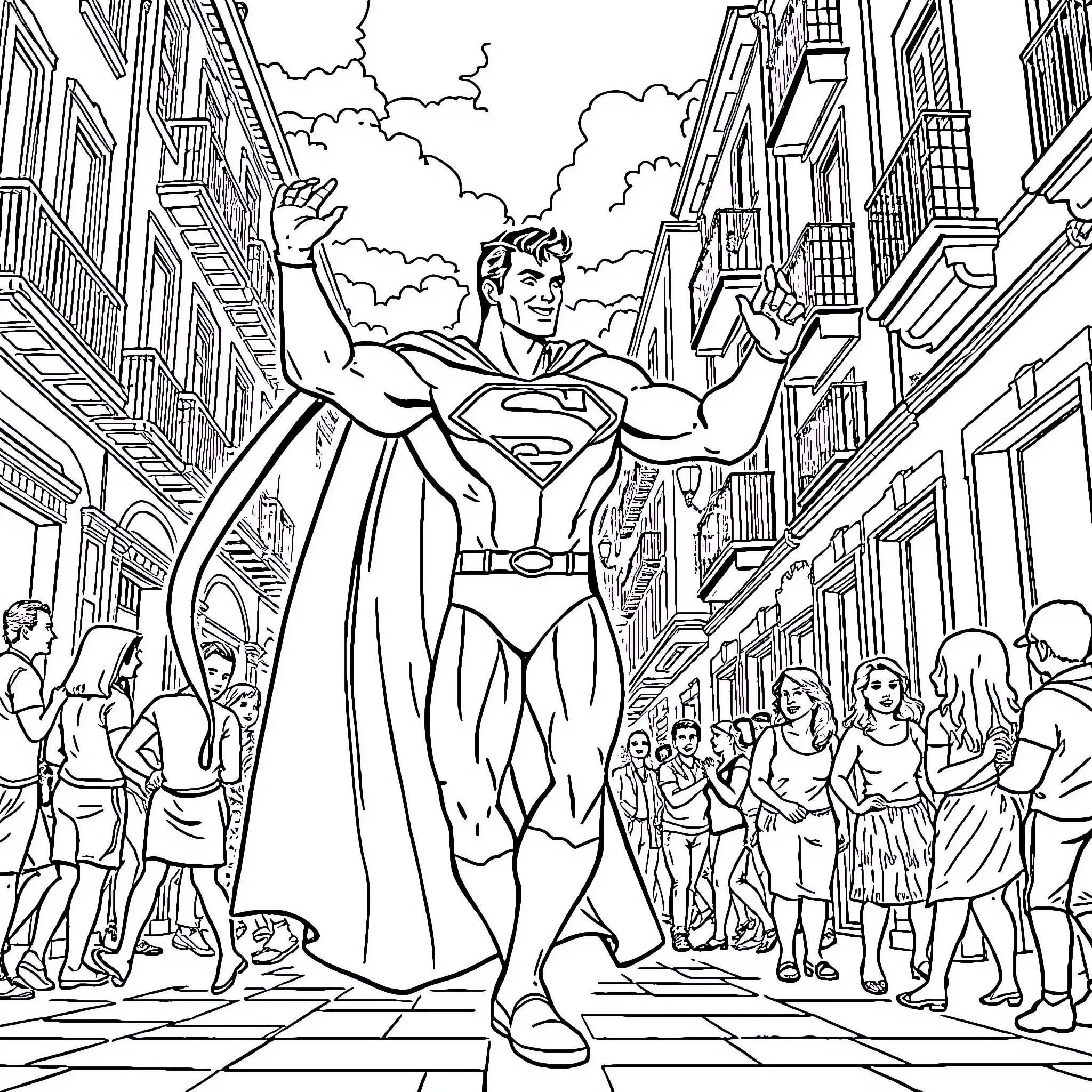 Superman heroically saves the day in the city Coloring Page (free black-and-white line drawing printable PDF for all, from beginners to advanced learners, including children, teens, adults, and seniors)