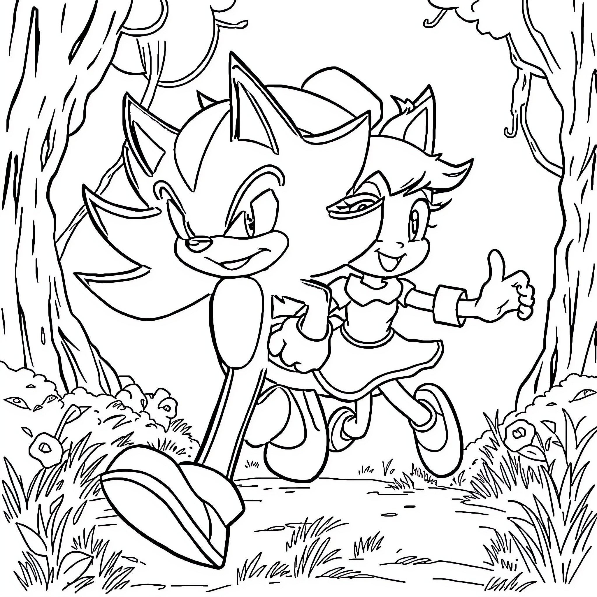 Shadow Race in the Forest Coloring Page (free black-and-white line drawing printable PDF for all, from beginners to advanced learners, including children, teens, adults, and seniors)