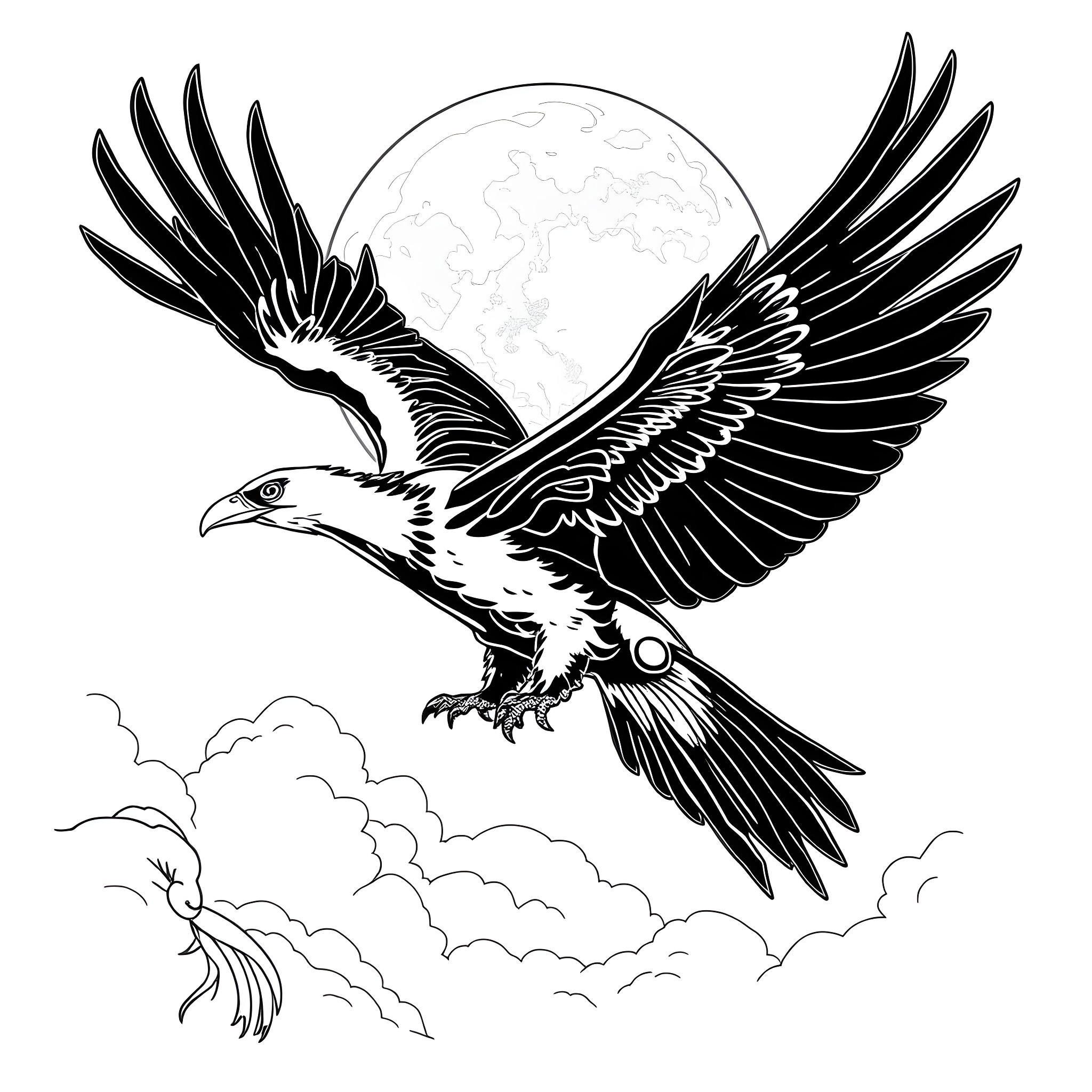 Thunderbird soaring majestically with outstretched wings Coloring Page (free black-and-white line drawing printable PDF for all, from beginners to advanced learners, including children, teens, adults, and seniors)