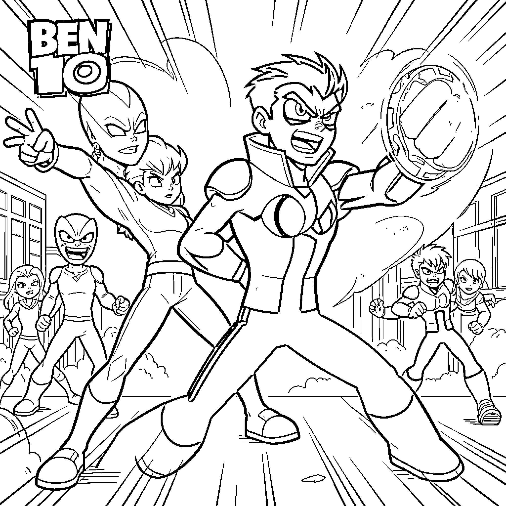 Ben 10 and allies in an action pose Coloring Page (free black-and-white line drawing printable PDF for all, from beginners to advanced learners, including children, teens, adults, and seniors)