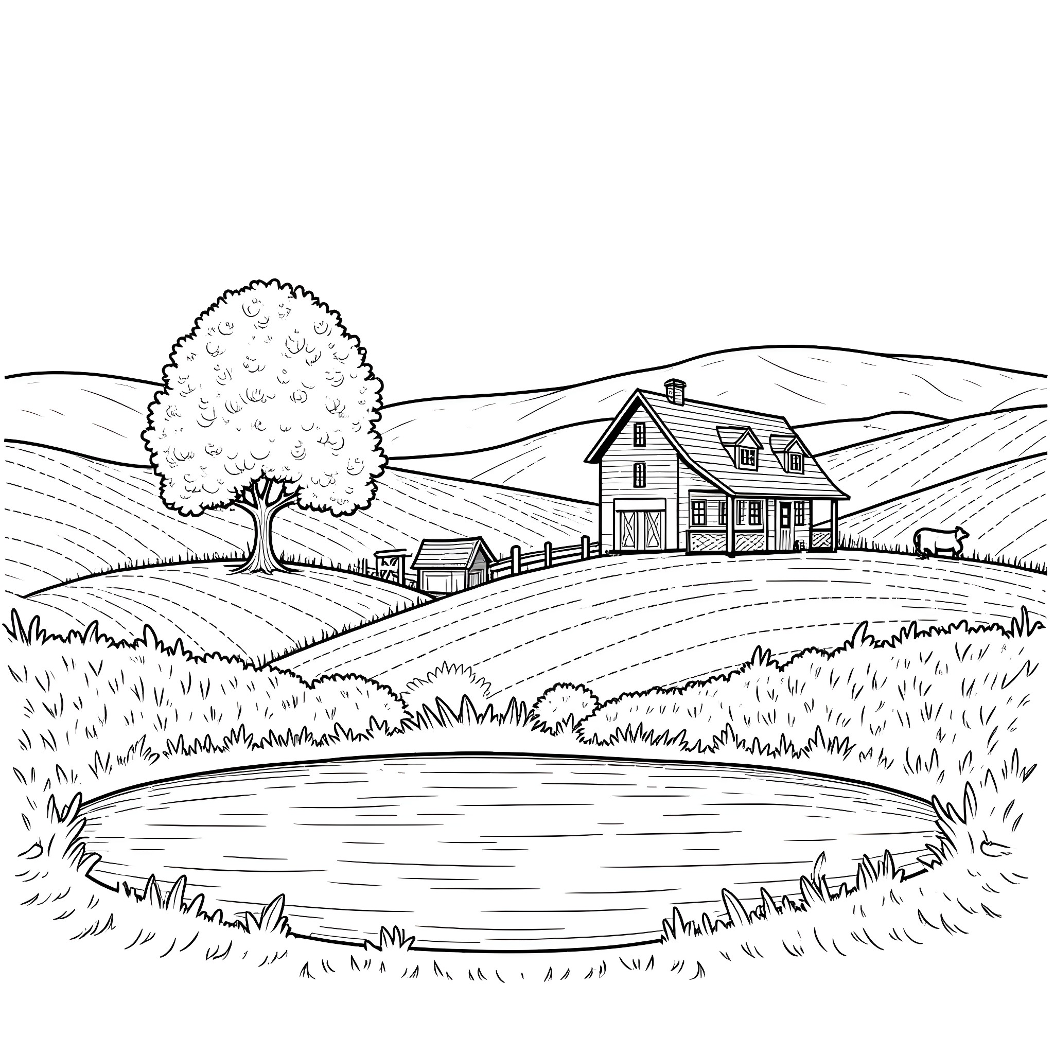 Farm House with Pond in Pastoral Landscape Coloring Page (free black-and-white line drawing printable PDF for all, from beginners to advanced learners, including children, teens, adults, and seniors)