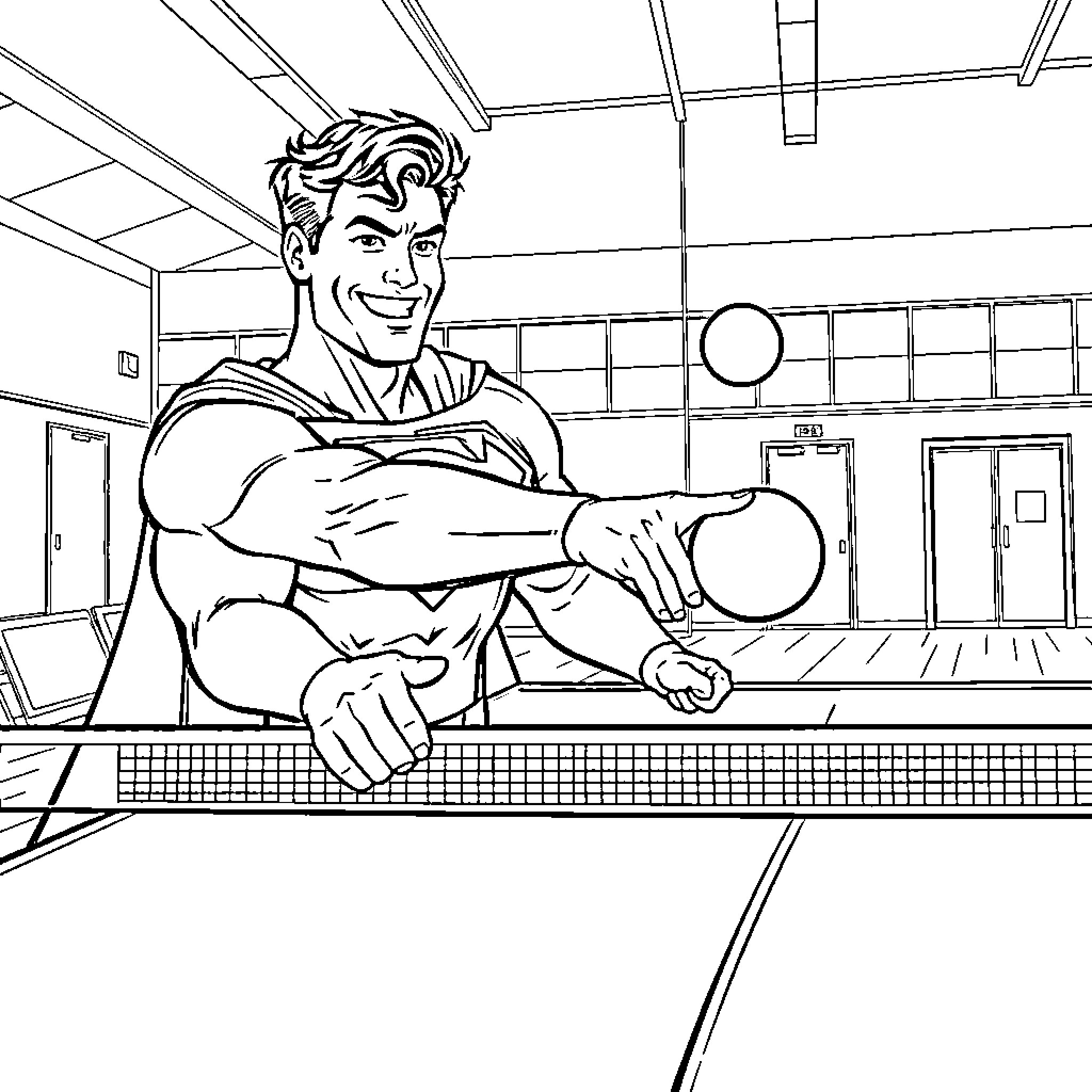 Superman assisting in a gym workout Coloring Page (free black-and-white line drawing printable PDF for all, from beginners to advanced learners, including children, teens, adults, and seniors)