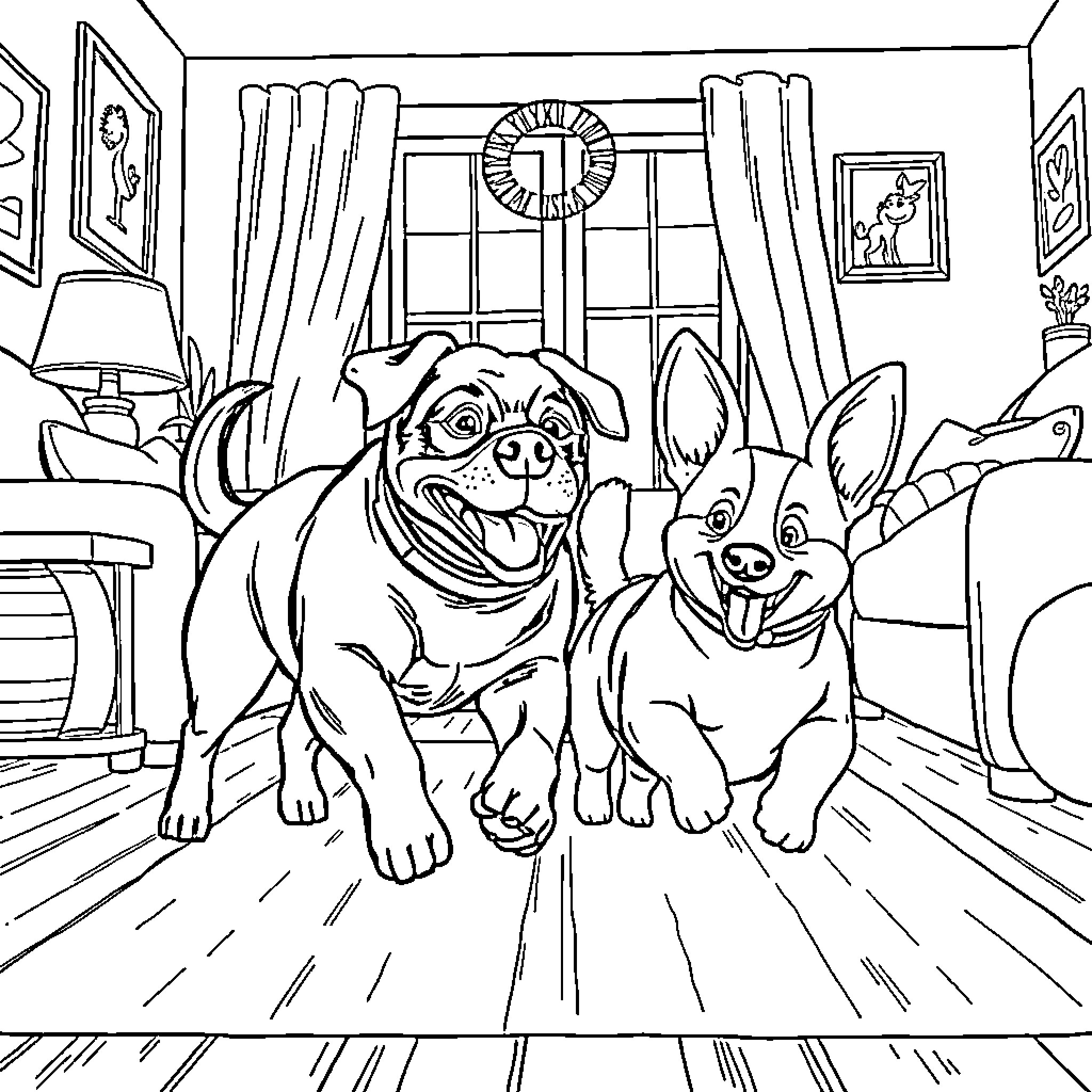 Rottweiler and puppy relaxing in cozy home Coloring Page (free black-and-white line drawing printable PDF for all, from beginners to advanced learners, including children, teens, adults, and seniors)