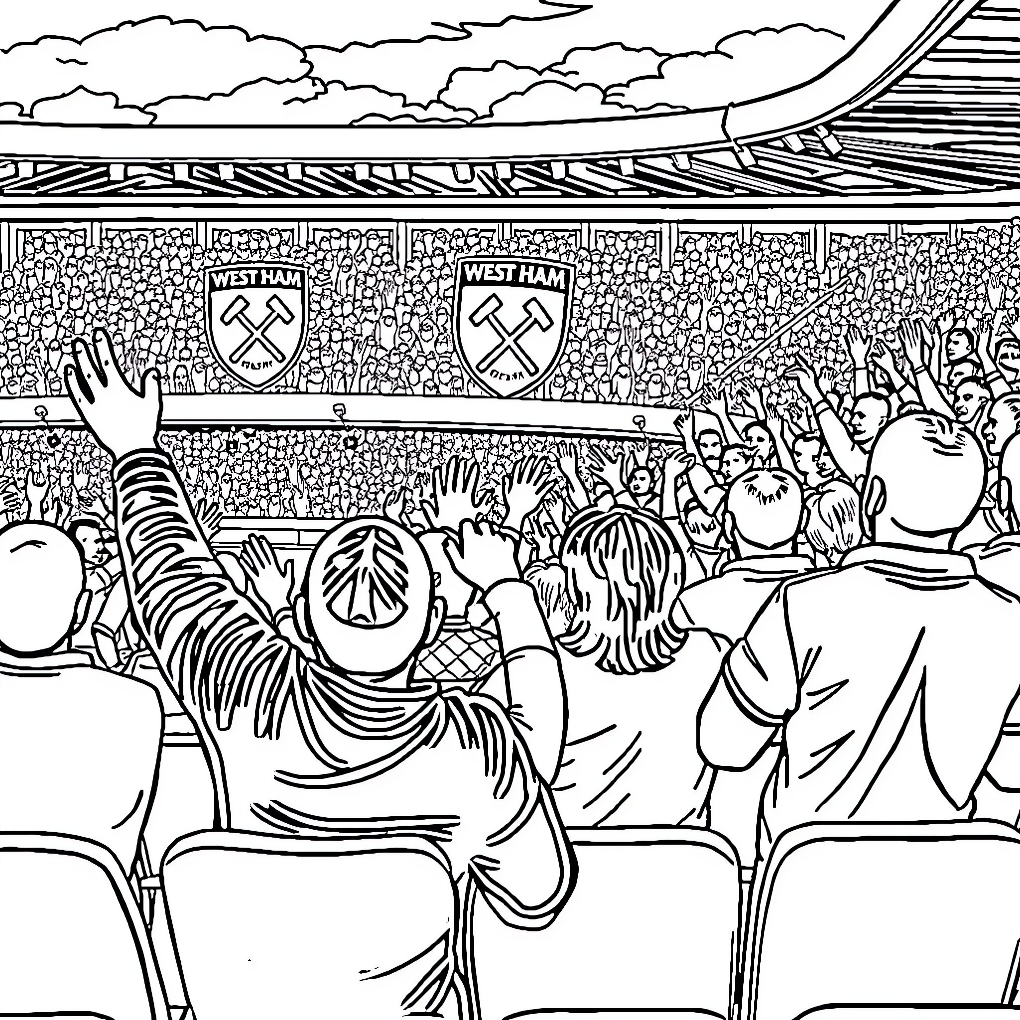 West Ham Fans Cheering Excitedly at the Match Coloring Page (free black-and-white line drawing printable PDF for all, from beginners to advanced learners, including children, teens, adults, and seniors)