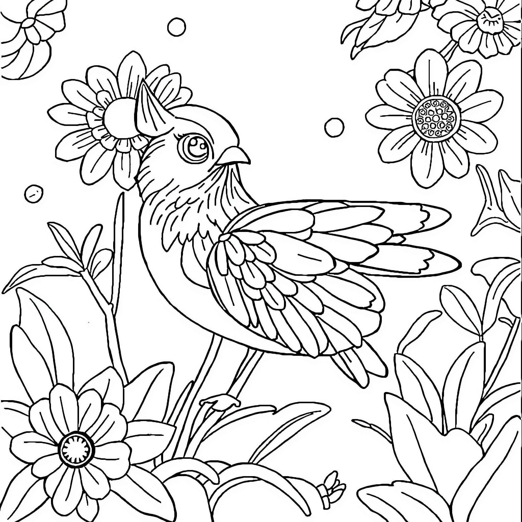 Book of Vibrant Parrot Amidst Blooming Flowers Coloring Page (free black-and-white line drawing printable PDF for all, from beginners to advanced learners, including children, teens, adults, and seniors)