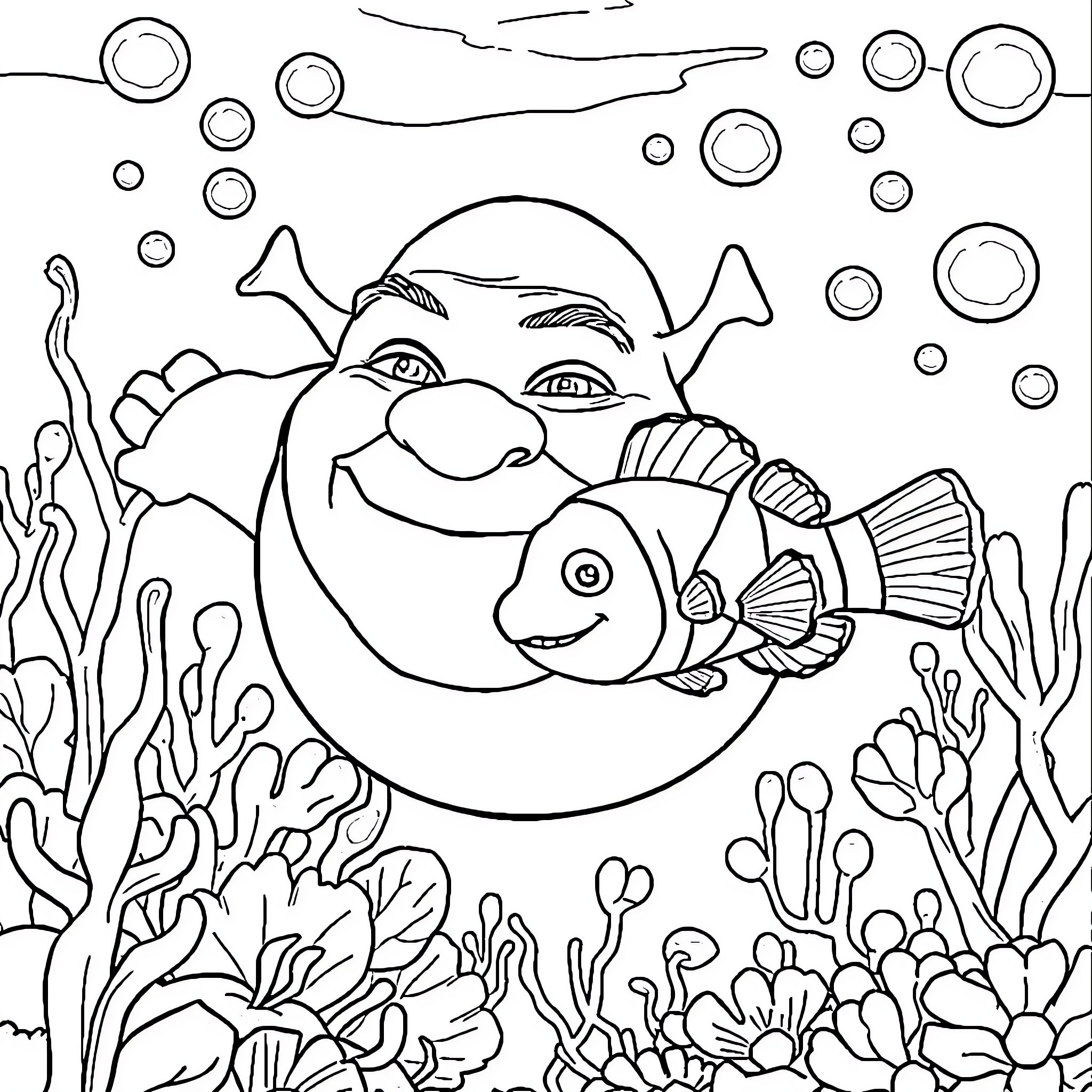 Shrek's Underwater Adventure with Fishy Friends Coloring Page (free black-and-white line drawing printable PDF for all, from beginners to advanced learners, including children, teens, adults, and seniors)