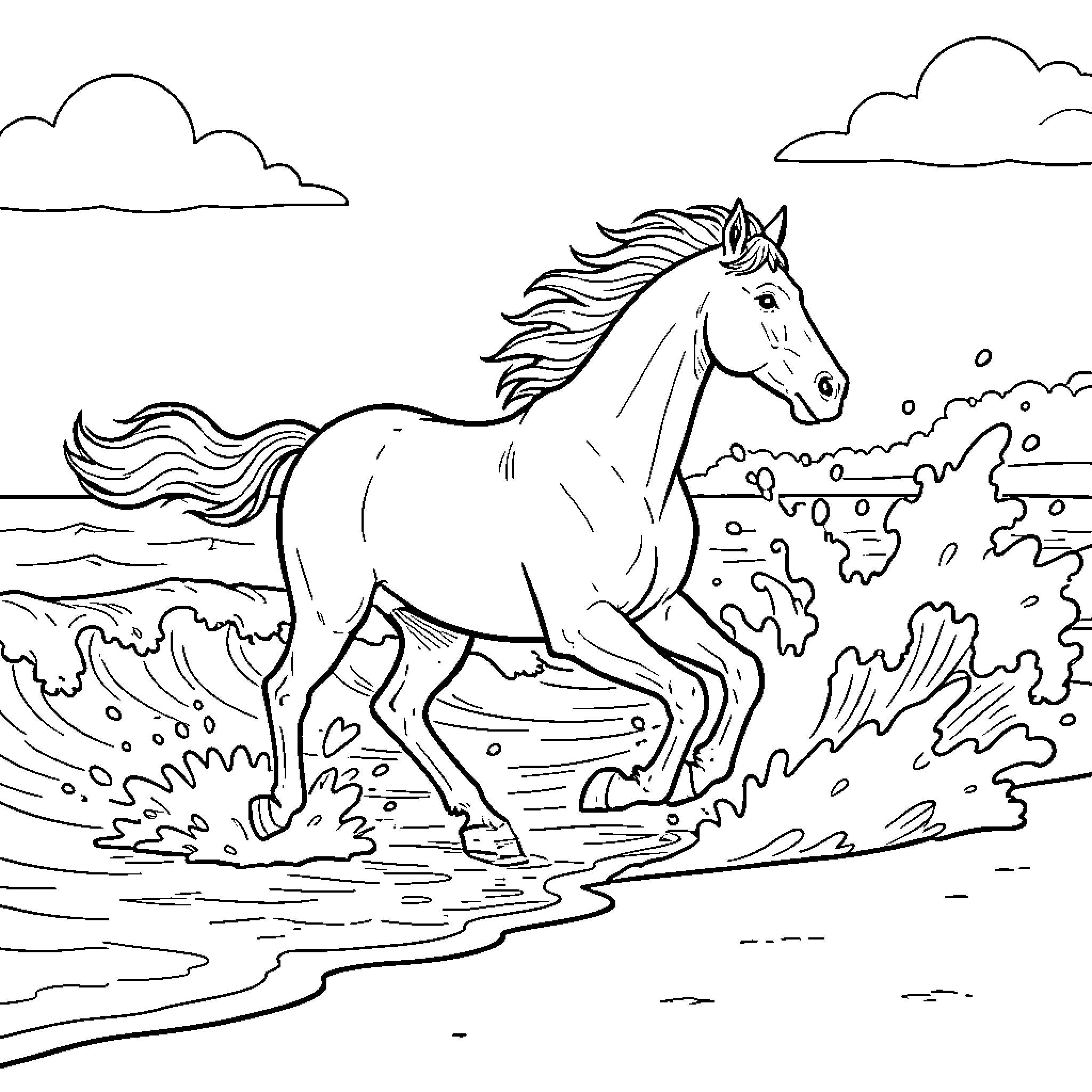 Horse galloping through splashing ocean waves Coloring Page (free black-and-white line drawing printable PDF for all, from beginners to advanced learners, including children, teens, adults, and seniors)
