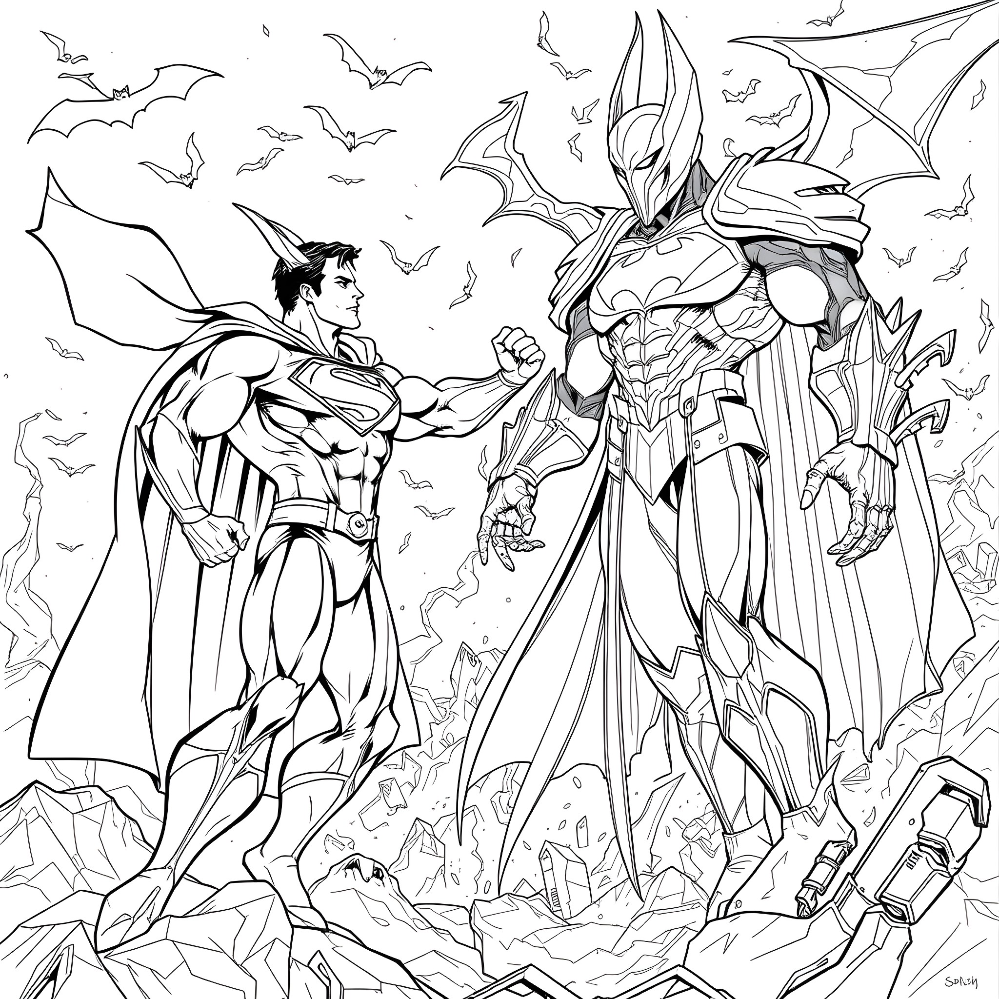 Superman fighting a powerful villain in an epic battle Coloring Page (free black-and-white line drawing printable PDF for all, from beginners to advanced learners, including children, teens, adults, and seniors)
