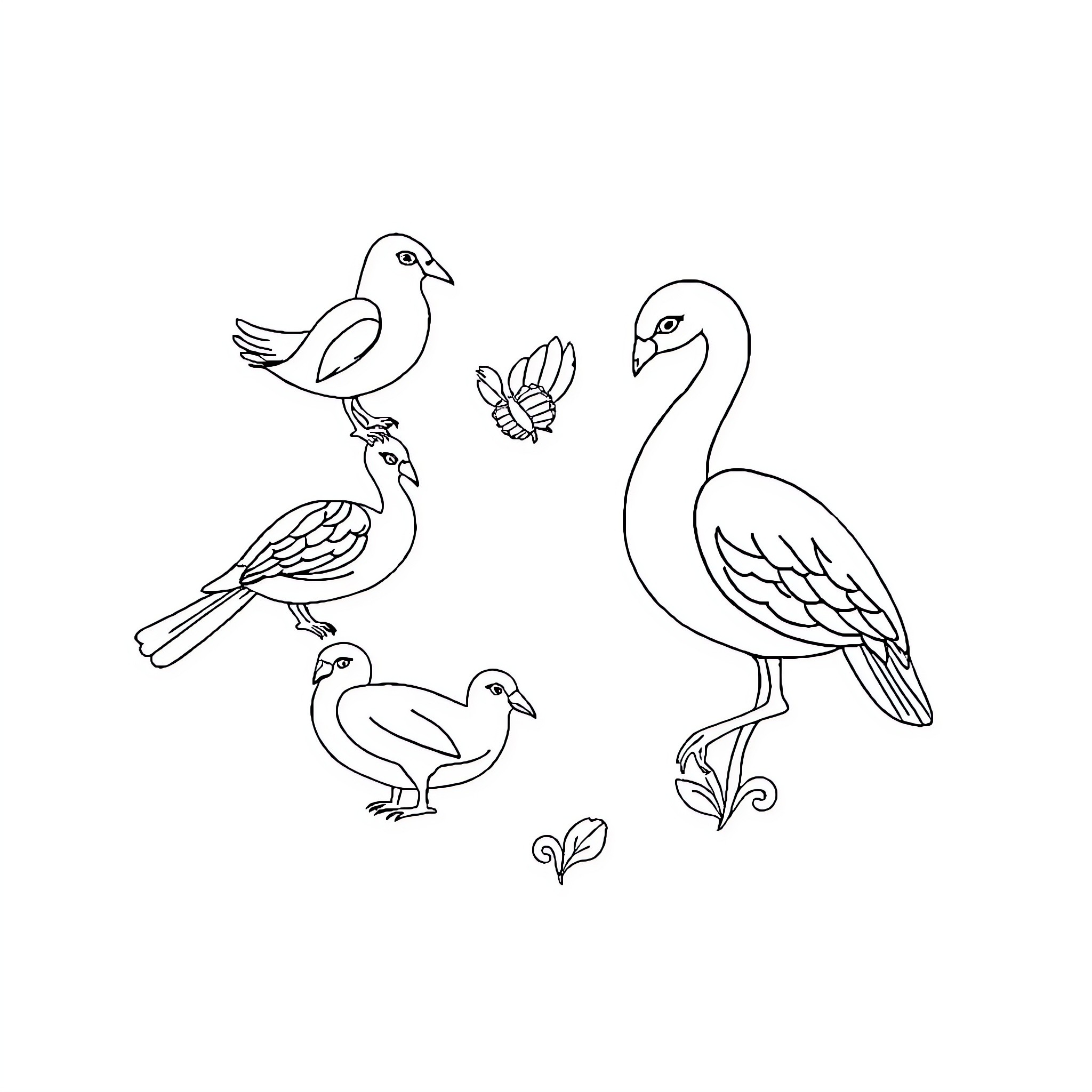 Animal Illustrations of Birds and Flowers Coloring Page (free black-and-white line drawing printable PDF for all, from beginners to advanced learners, including children, teens, adults, and seniors)