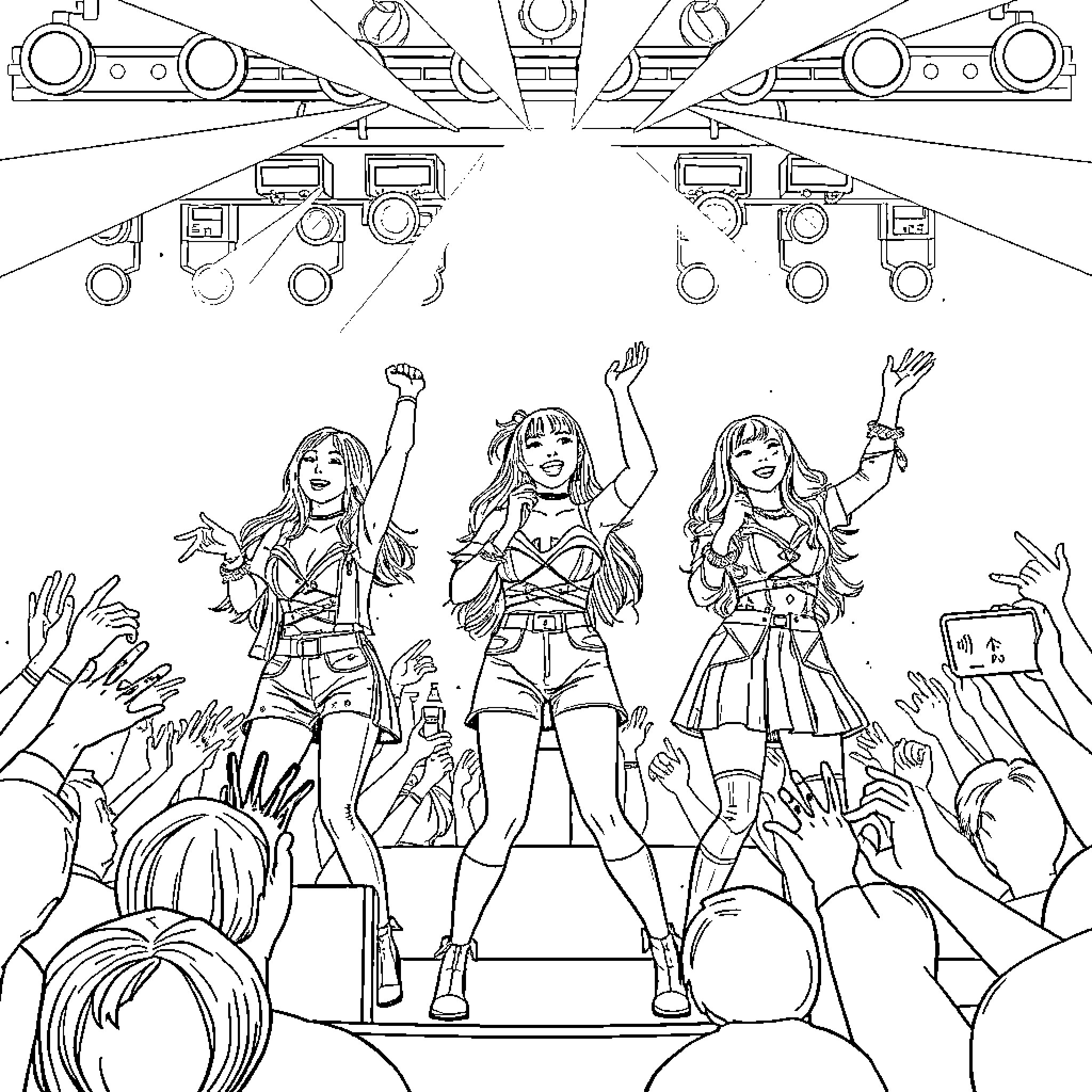 K-pop Star Performers on Stage with Enthusiastic Crowd Coloring Page (free black-and-white line drawing printable PDF for all, from beginners to advanced learners, including children, teens, adults, and seniors)