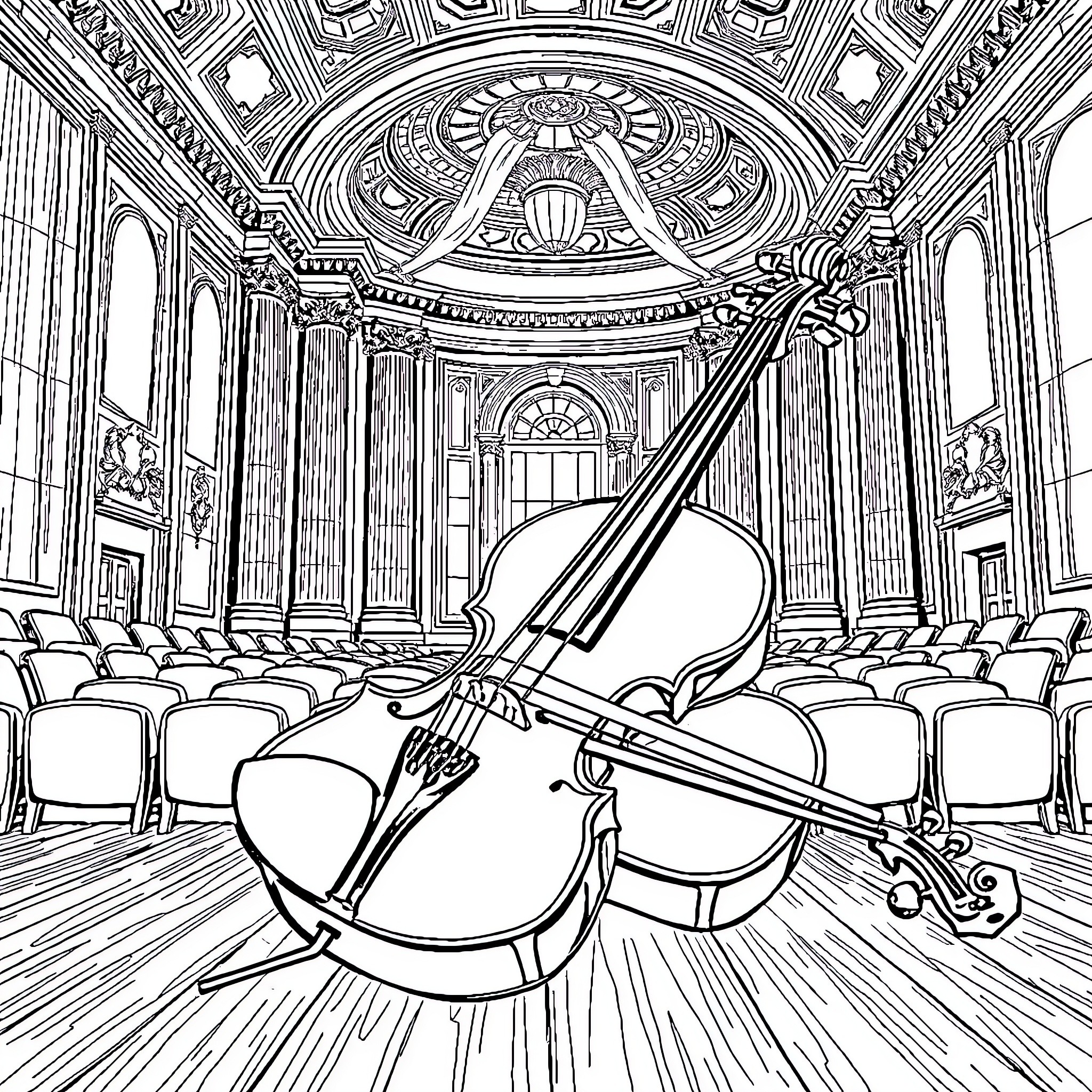 Violin performance in an ornate concert hall Coloring Page (free black-and-white line drawing printable PDF for all, from beginners to advanced learners, including children, teens, adults, and seniors)
