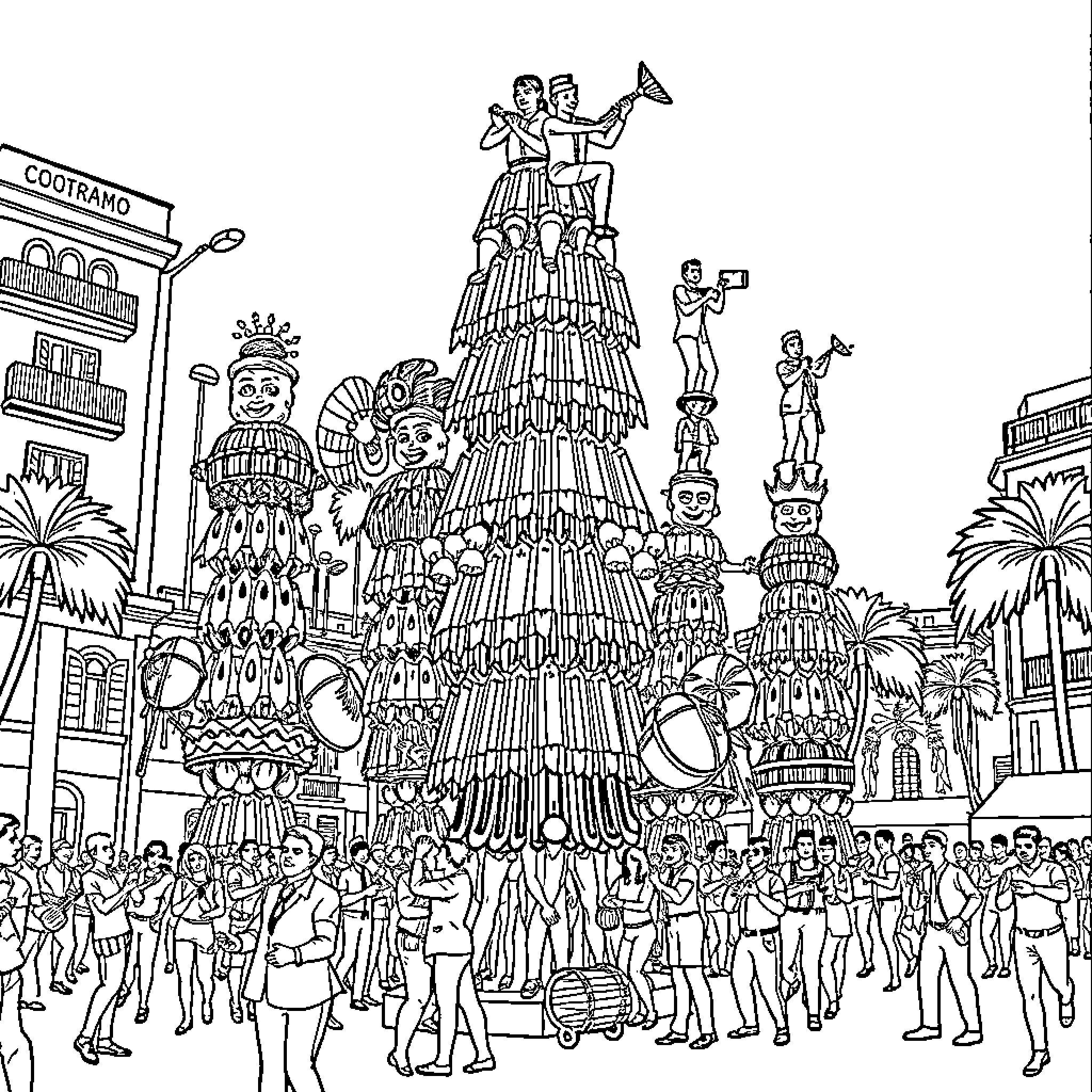 Human Tower Carnival Celebration with Dancers and Musicians Coloring Page (free black-and-white line drawing printable PDF for all, from beginners to advanced learners, including children, teens, adults, and seniors)