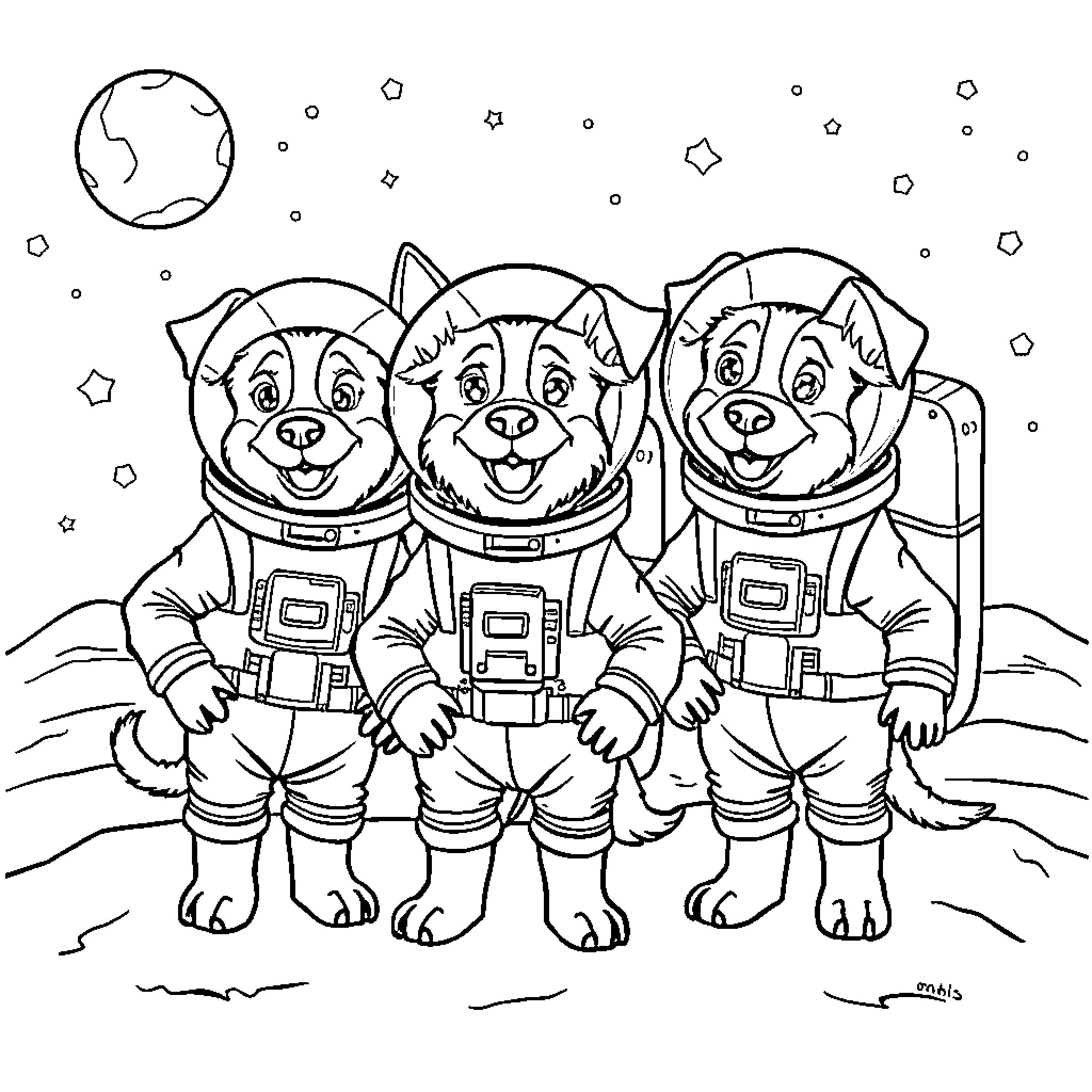 Paw Patrol Astronauts on an Outer Space Adventure Coloring Page (free black-and-white line drawing printable PDF for all, from beginners to advanced learners, including children, teens, adults, and seniors)