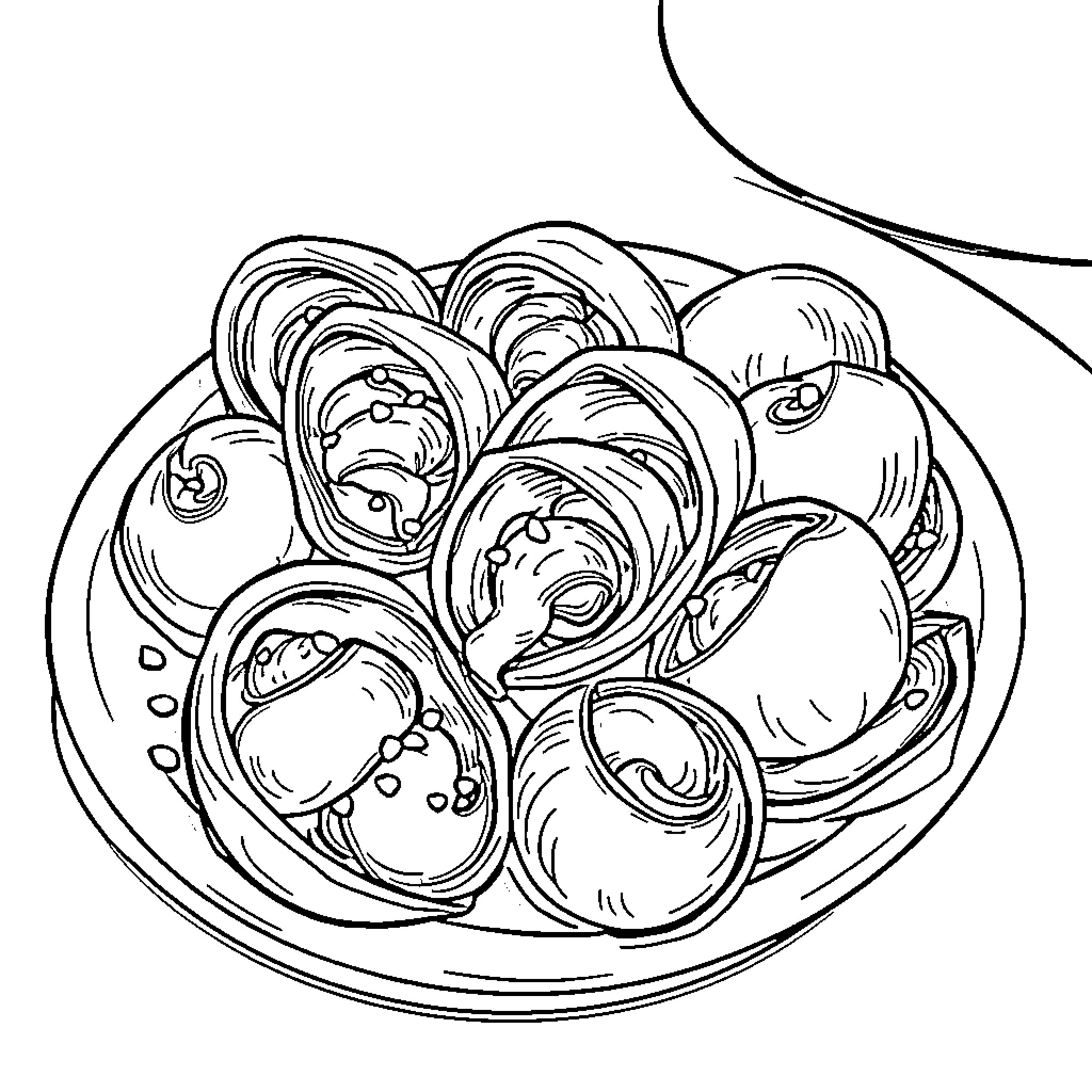 Escargot delicacy on a plate Coloring Page (free black-and-white line drawing printable PDF for all, from beginners to advanced learners, including children, teens, adults, and seniors)