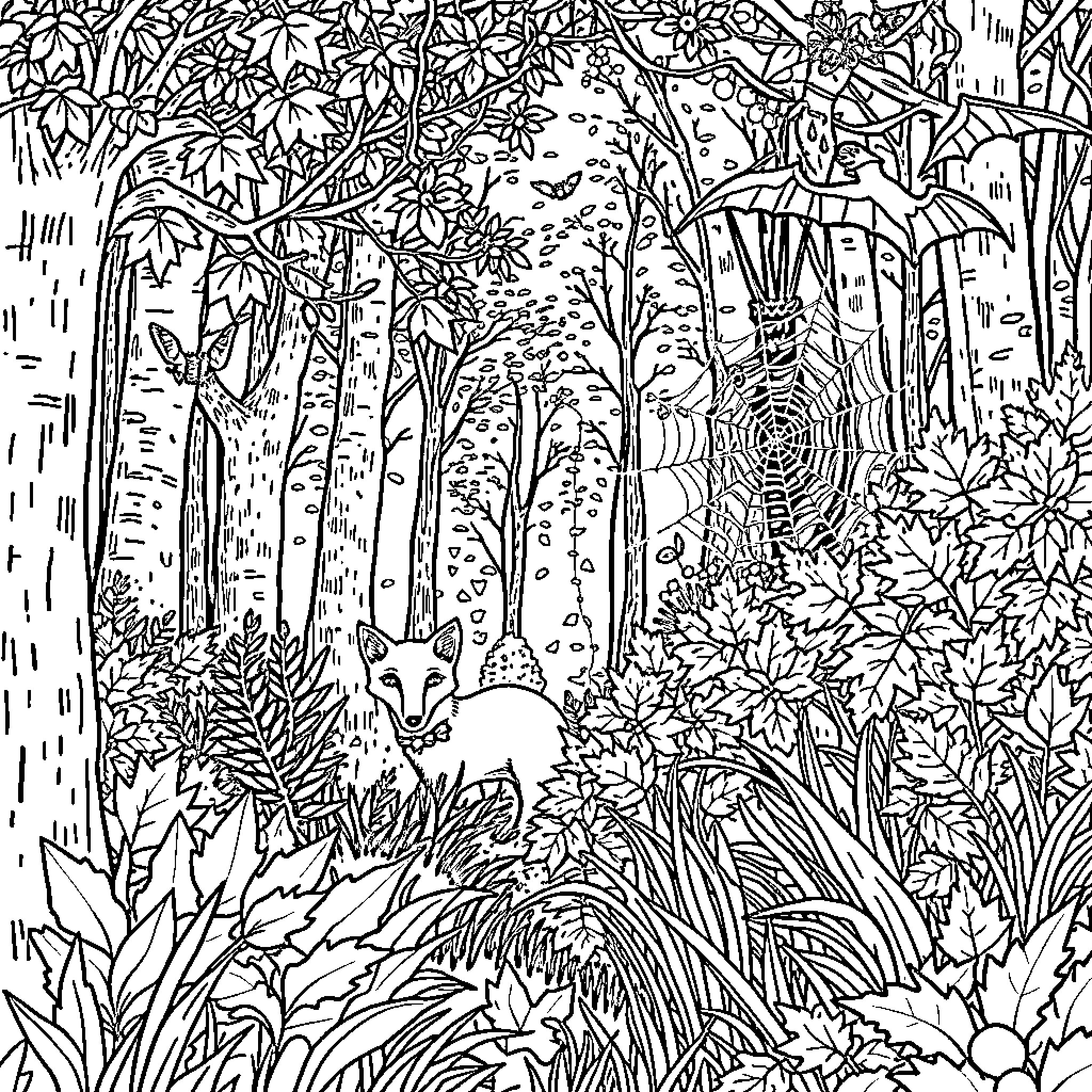 Fox Exploring the Enchanted Forest Coloring Page (free black-and-white line drawing printable PDF for all, from beginners to advanced learners, including children, teens, adults, and seniors)
