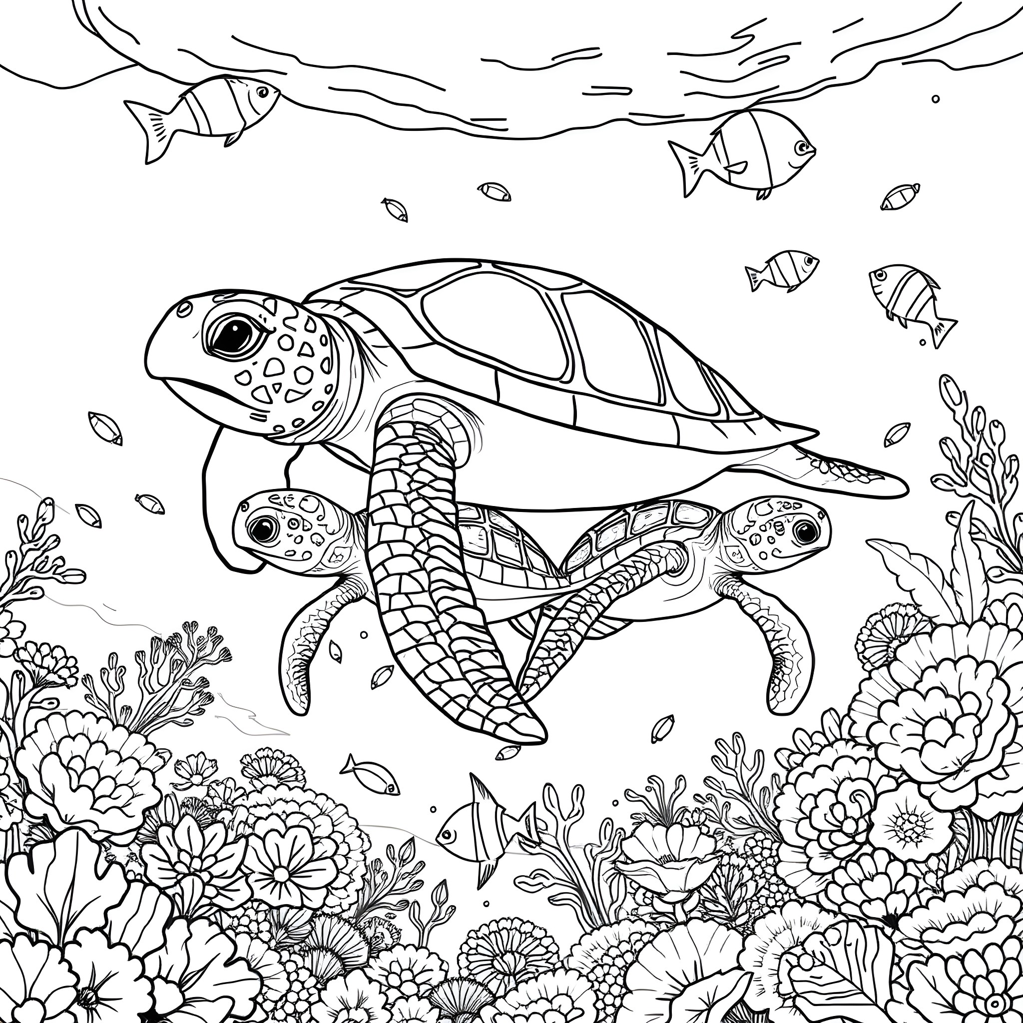 Turtle swimming underwater among colorful marine life Coloring Page (free black-and-white line drawing printable PDF for all, from beginners to advanced learners, including children, teens, adults, and seniors)