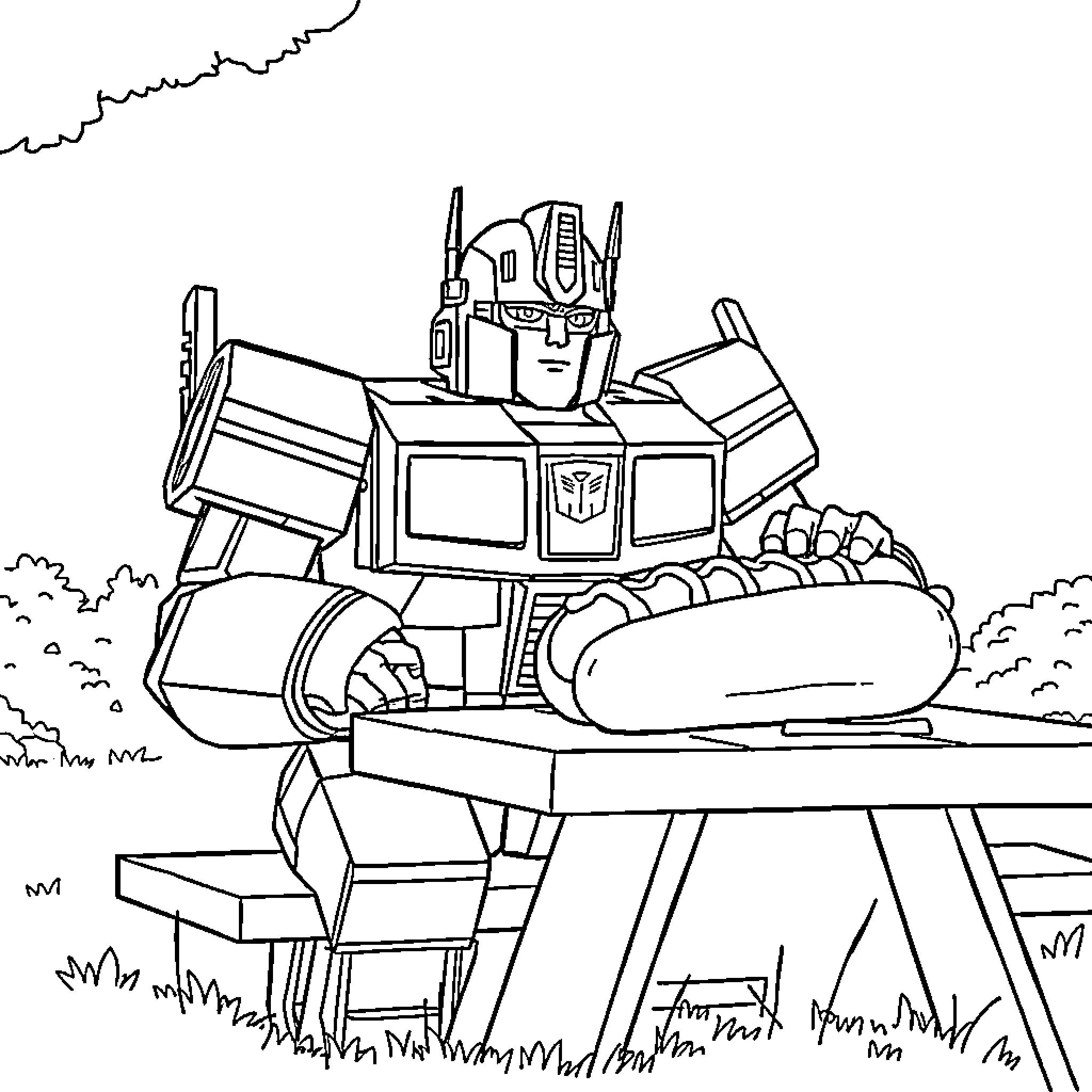 Optimus Prime transforms into a construction vehicle Coloring Page (free black-and-white line drawing printable PDF for all, from beginners to advanced learners, including children, teens, adults, and seniors)
