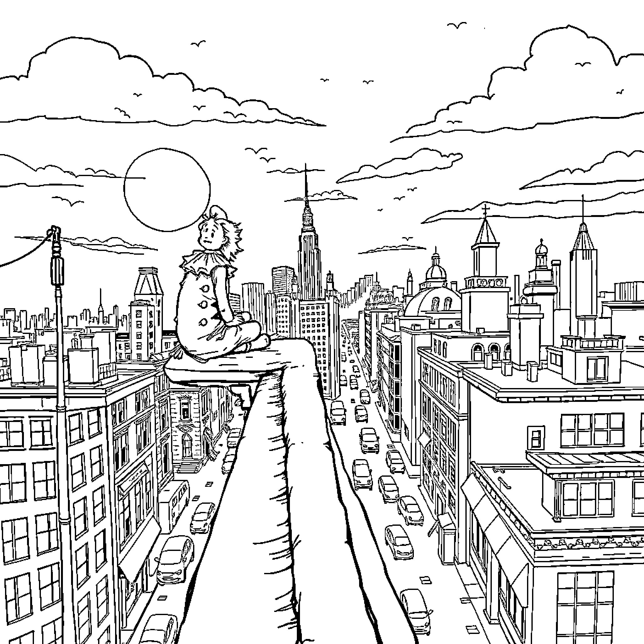 Clown overlooking a bustling city skyline Coloring Page (free black-and-white line drawing printable PDF for all, from beginners to advanced learners, including children, teens, adults, and seniors)